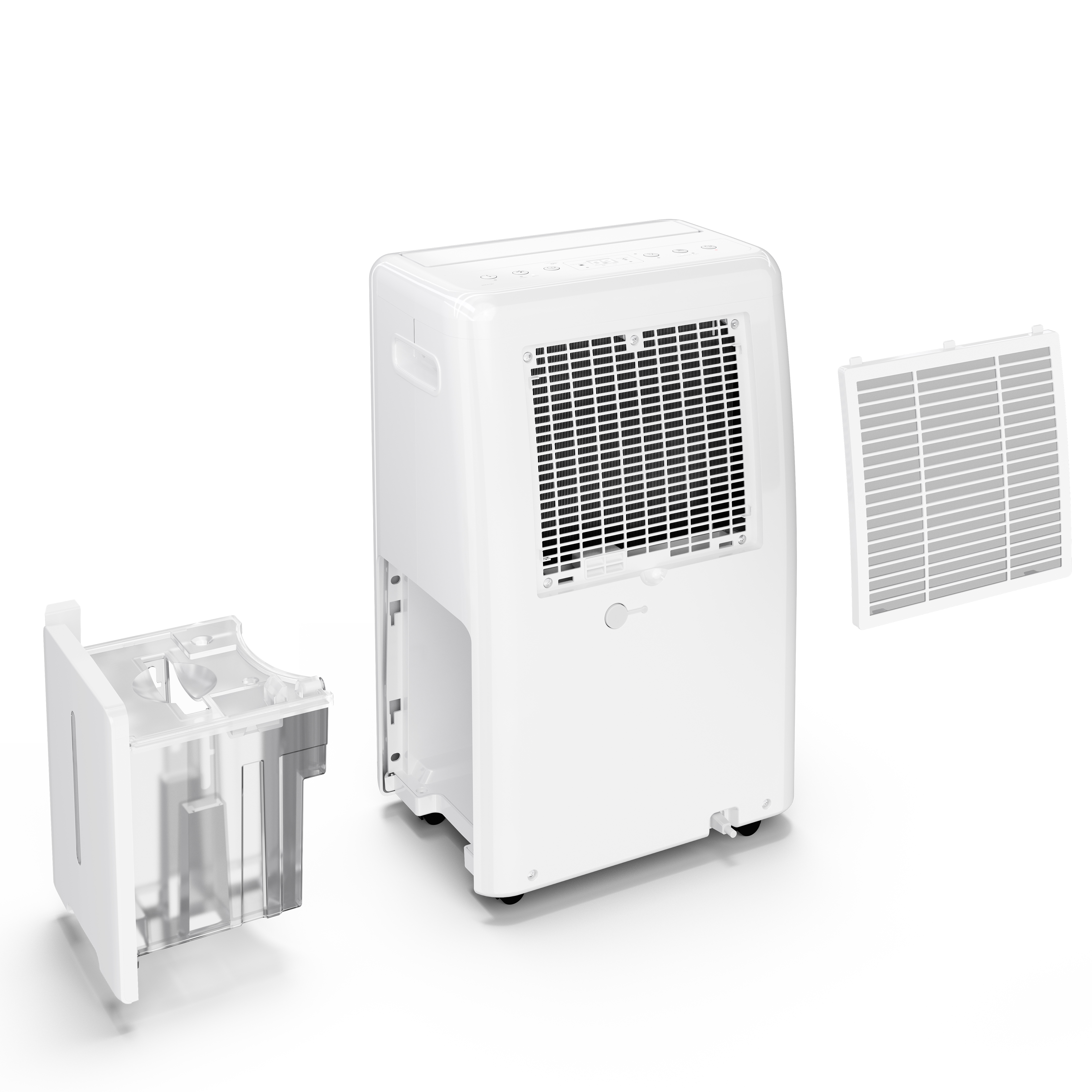 A white dehumidifier with a removable tank and filter.