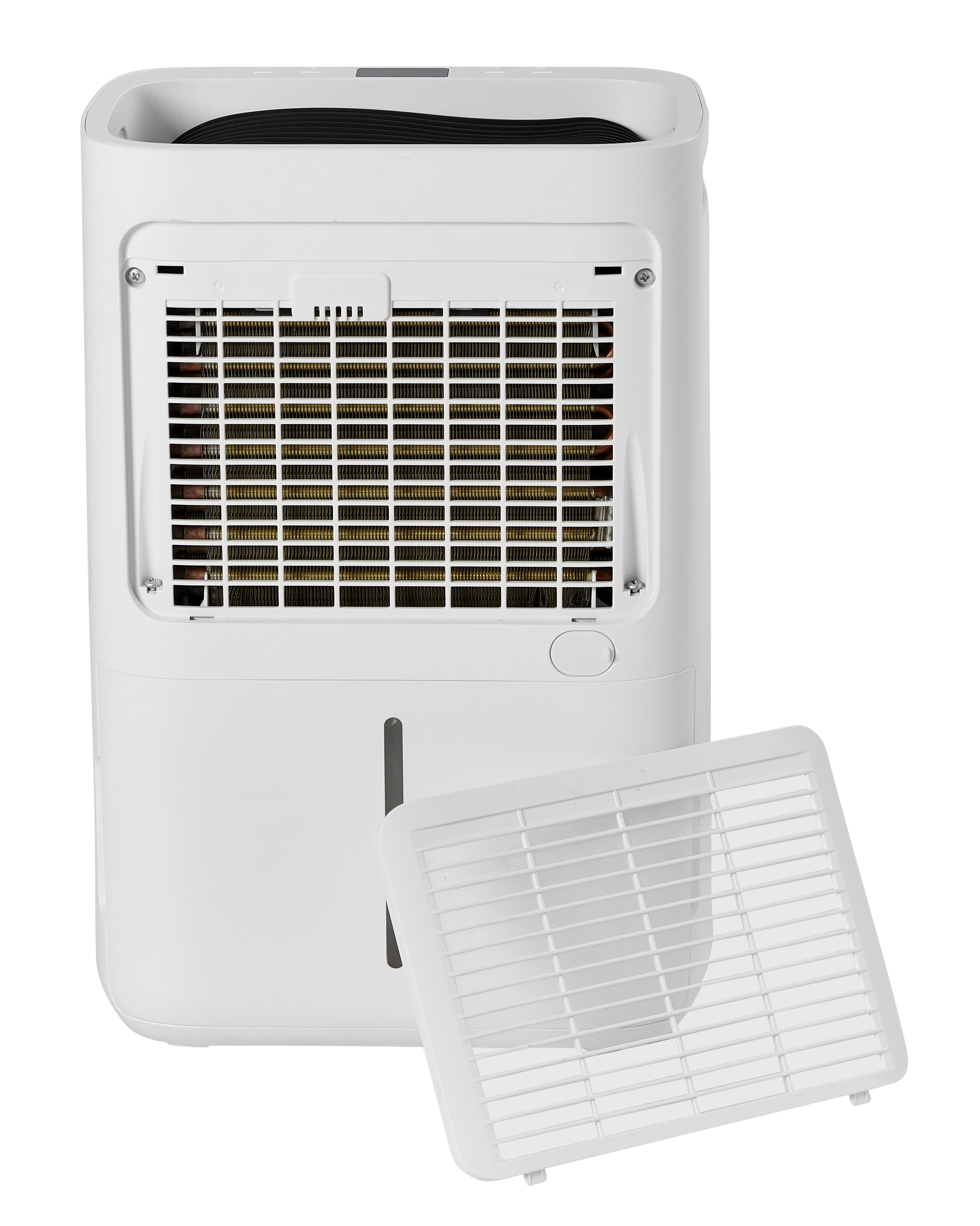 Back of a white dehumidifier showing the exposed fan and removed filter cover.