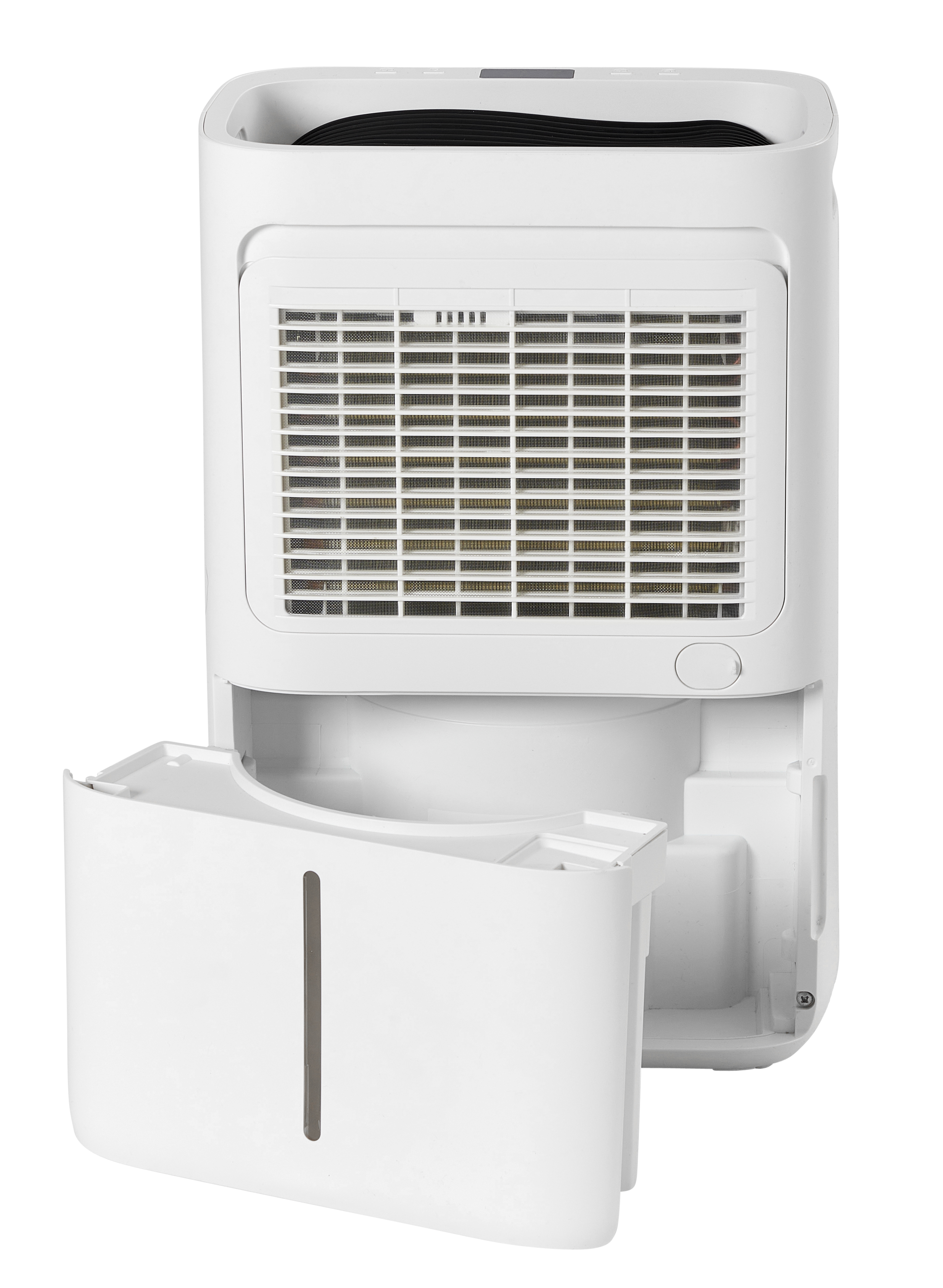 A white dehumidifier with its drawer pulled out, showing vents.