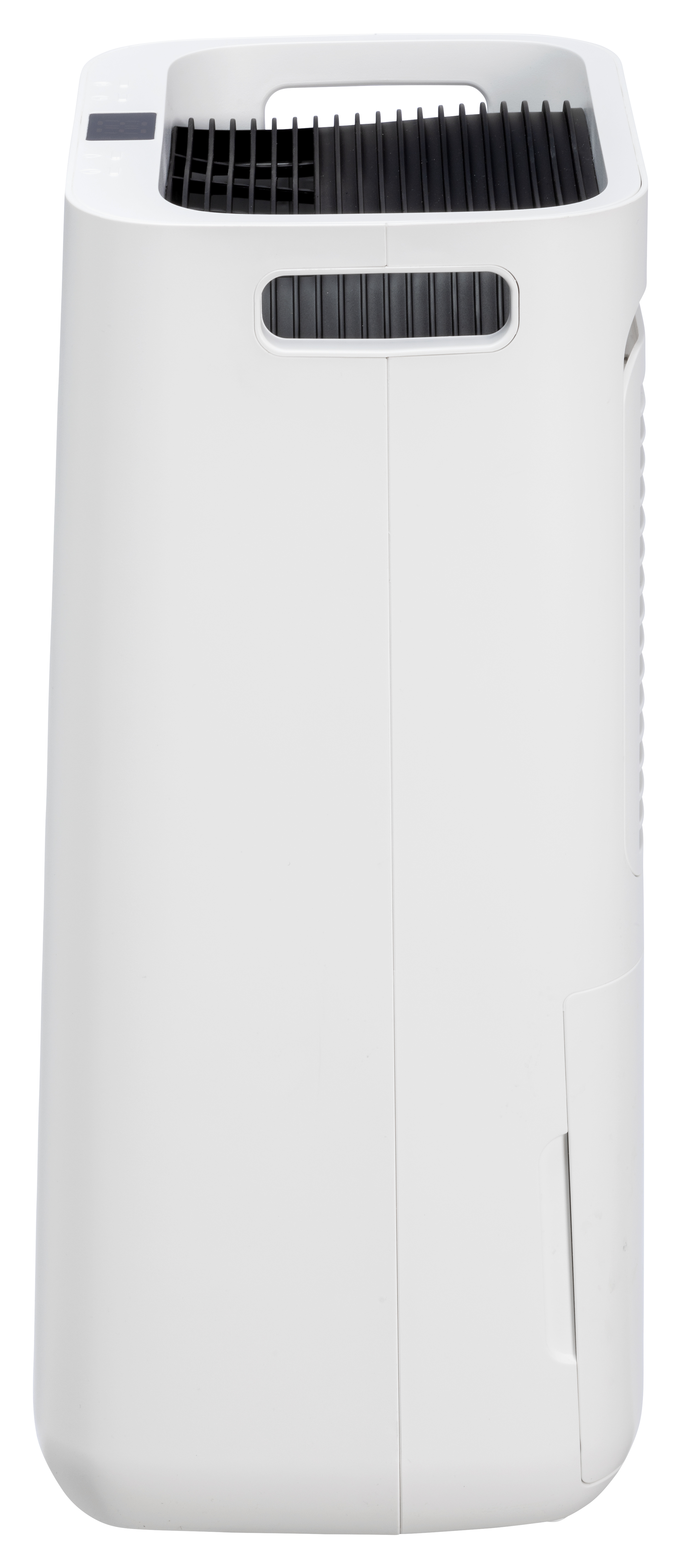 A white dehumidifier with a black grille on top and a display.