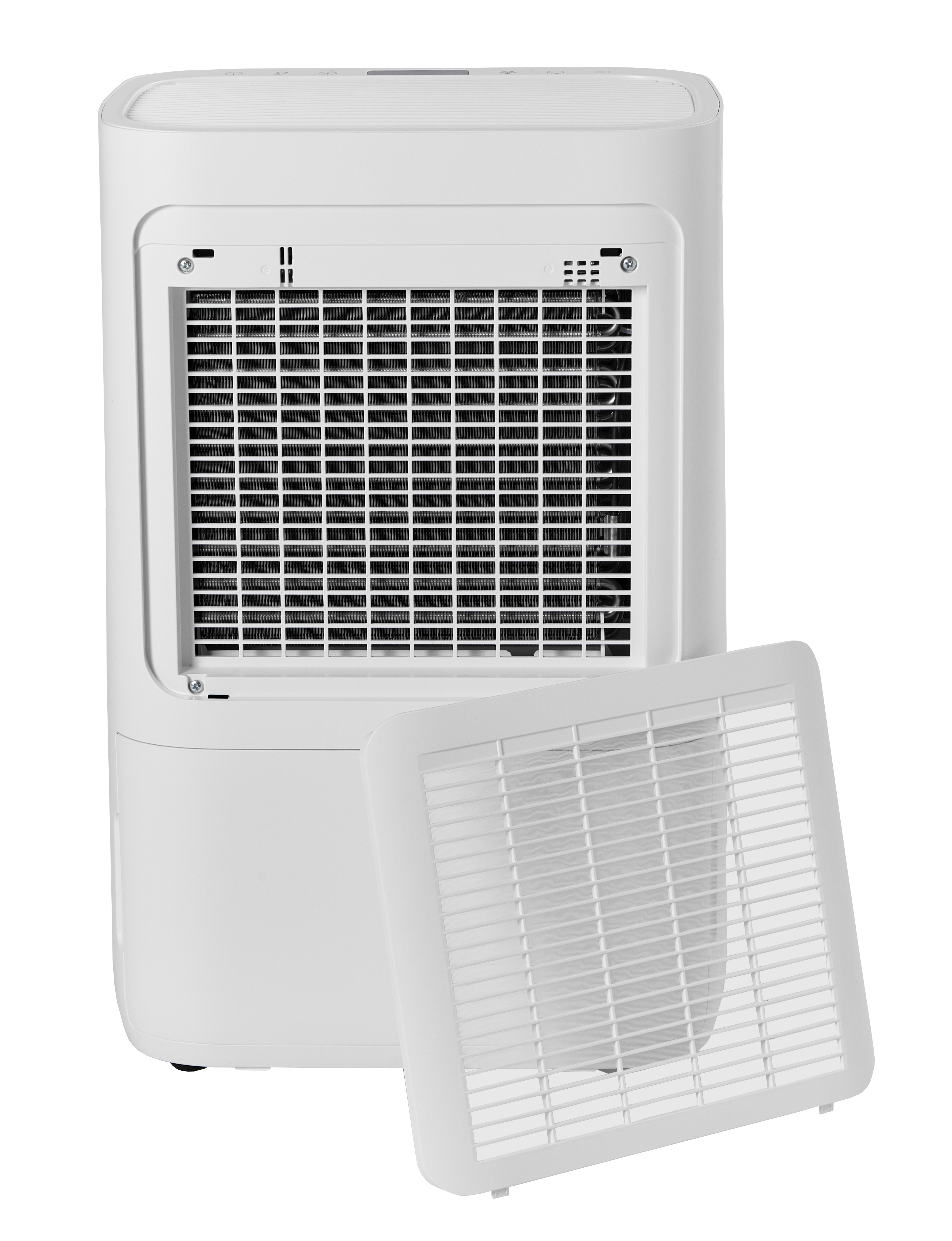 A white dehumidifier with its filter removed, showing the fan louvers.
