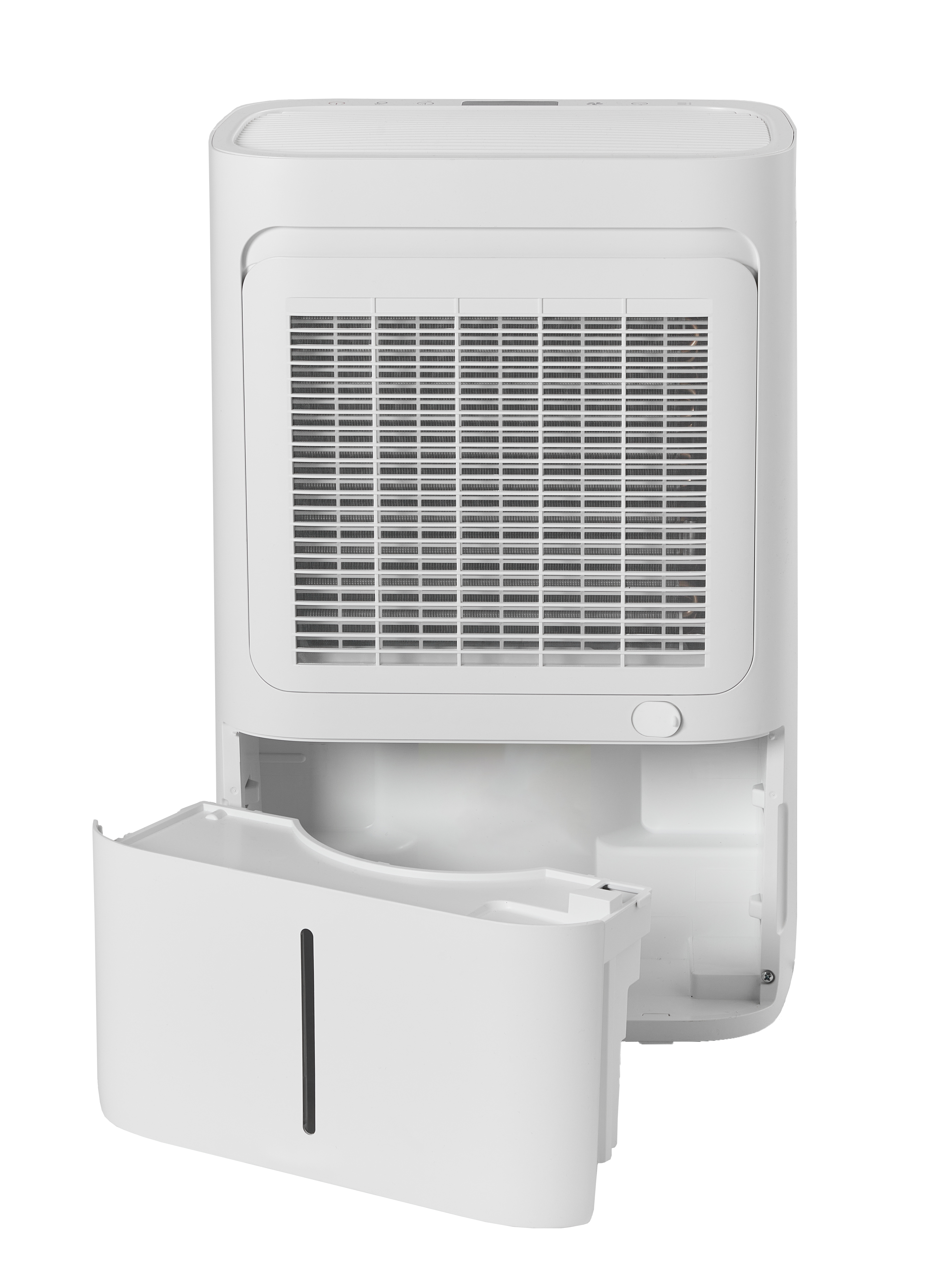 A white dehumidifier with its water collection tank pulled out.