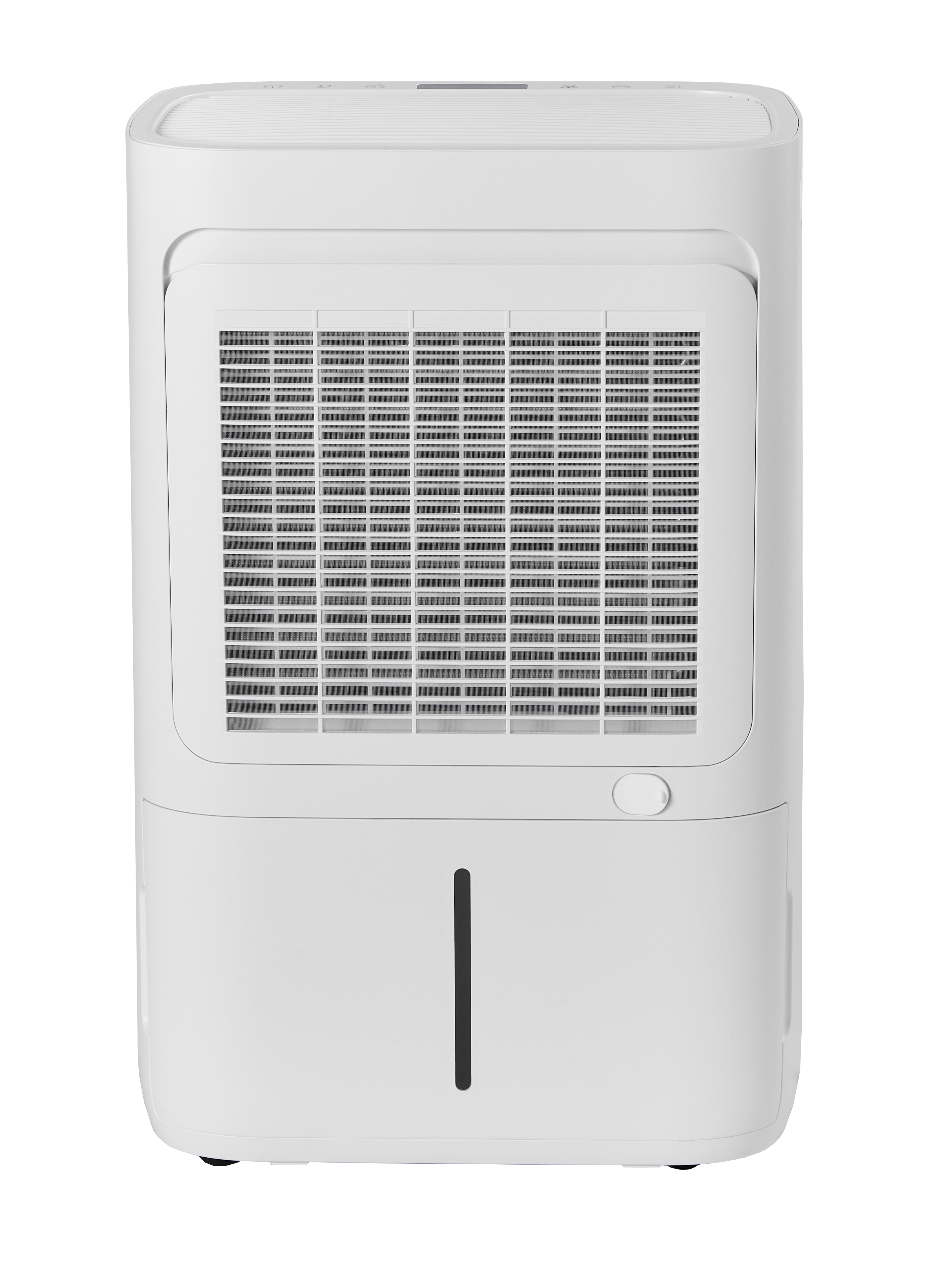 A white dehumidifier with a ventilation grille and a water level indicator.