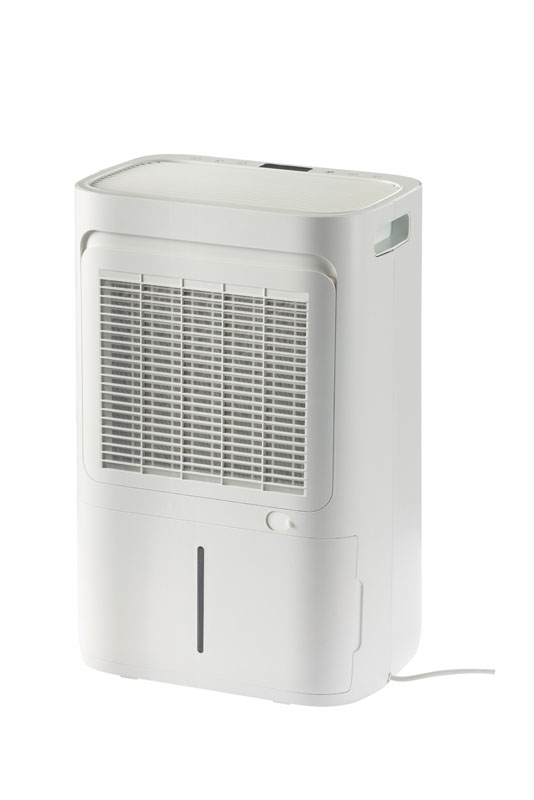 A white dehumidifier with a ventilation grille and water tank.