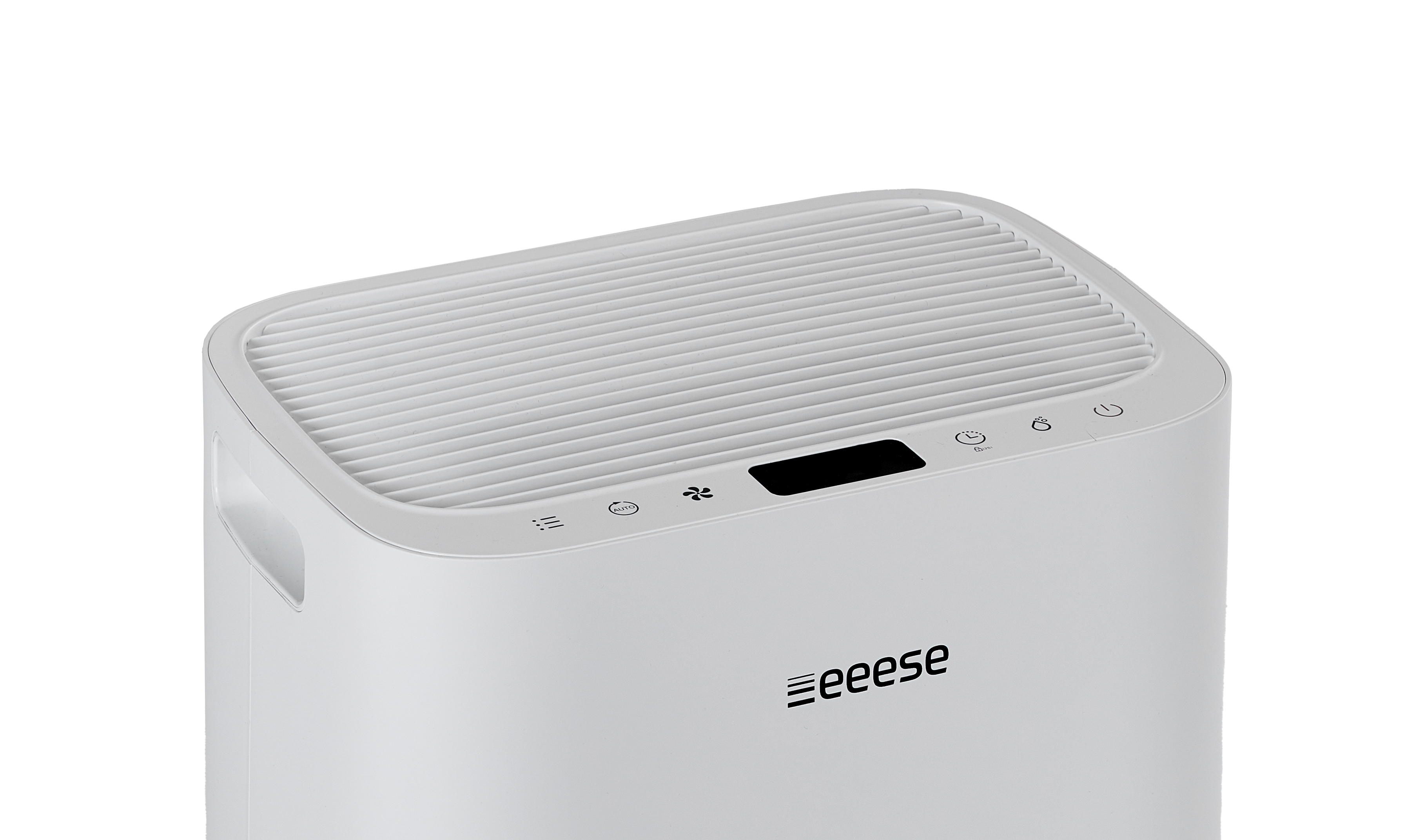 A white air purifier with a top ventilation grille and a control panel with icons.