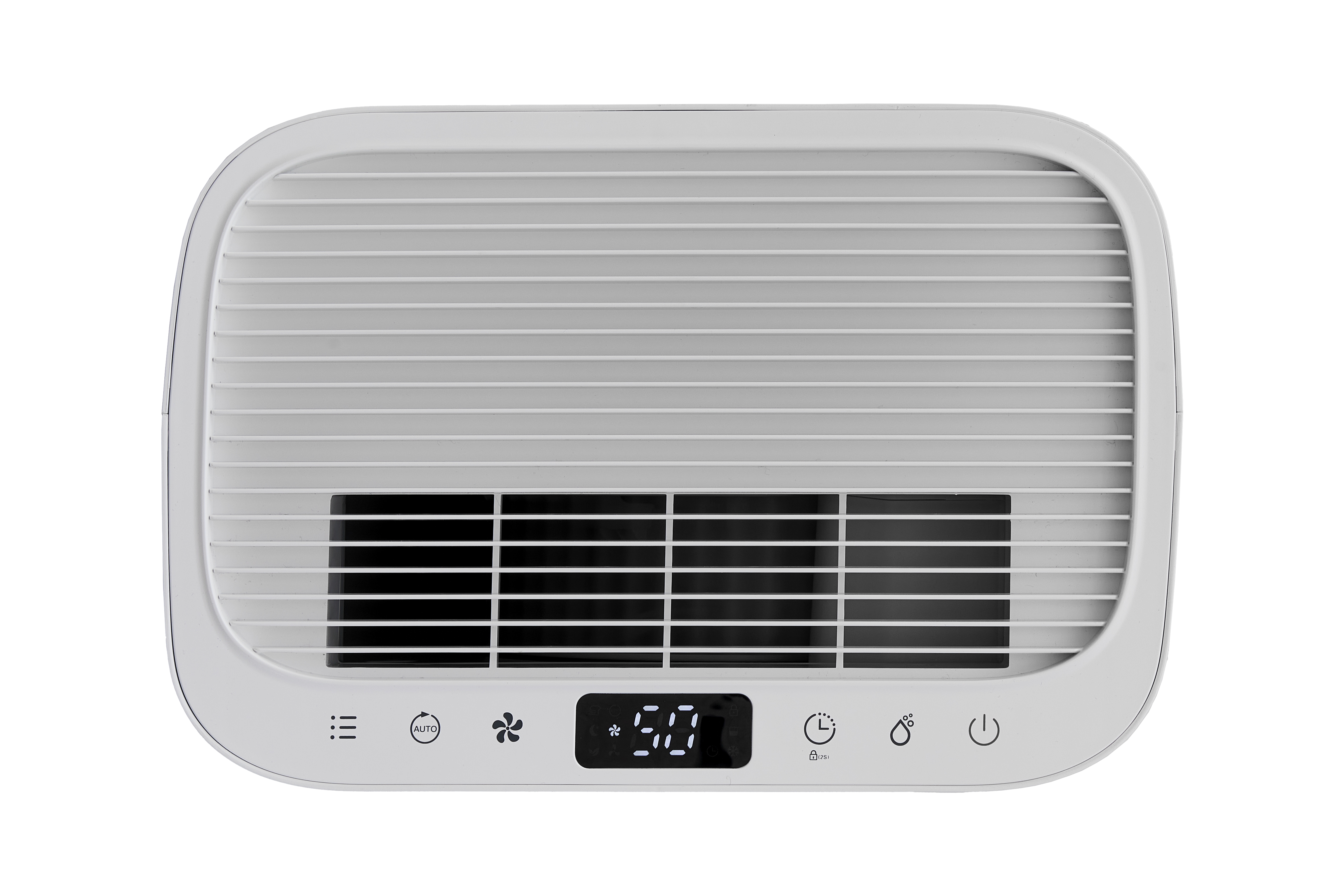 A white dehumidifier with vent slats and control panel.