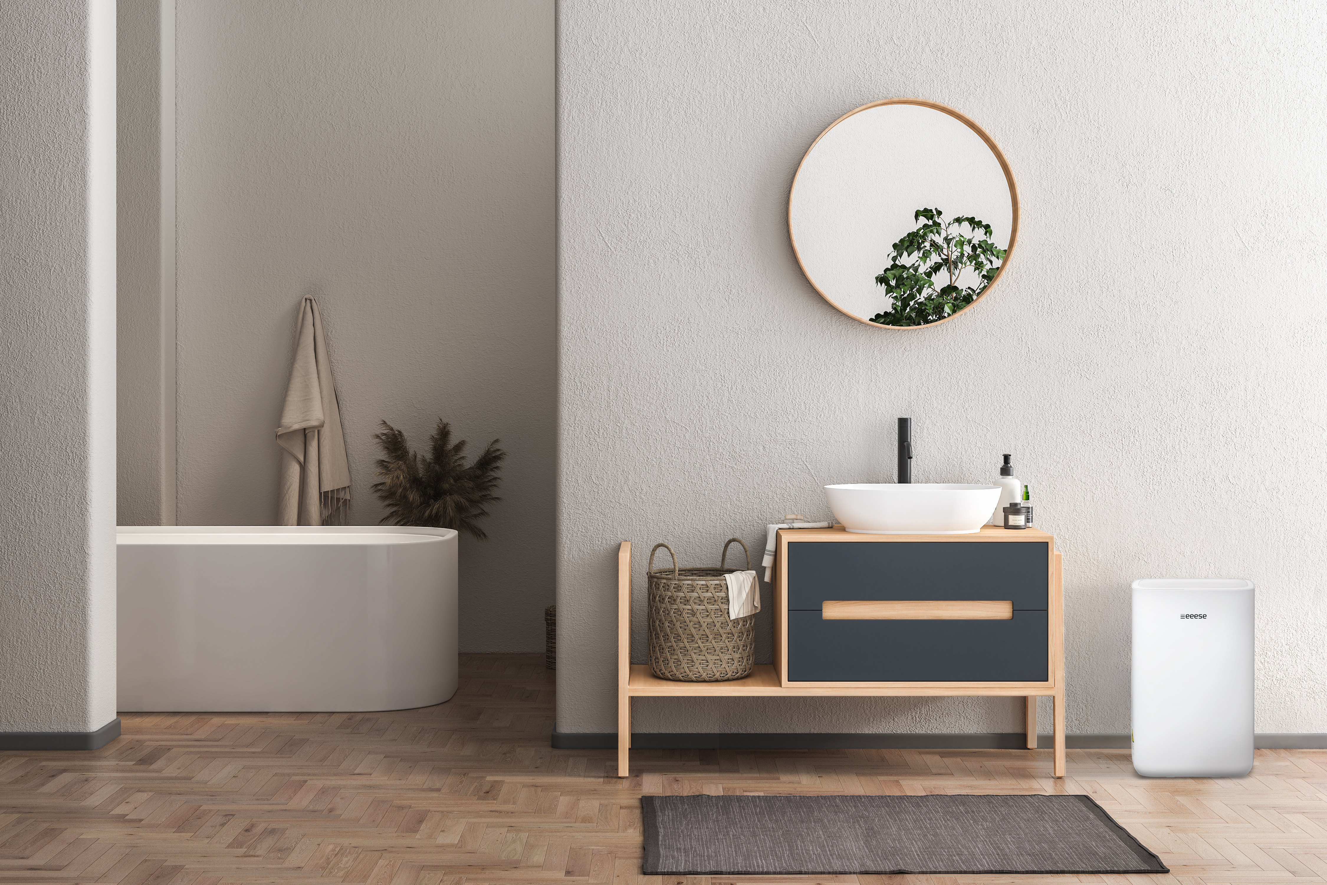 Modern bathroom with freestanding tub, vanity, mirror, and white dehumidifier.