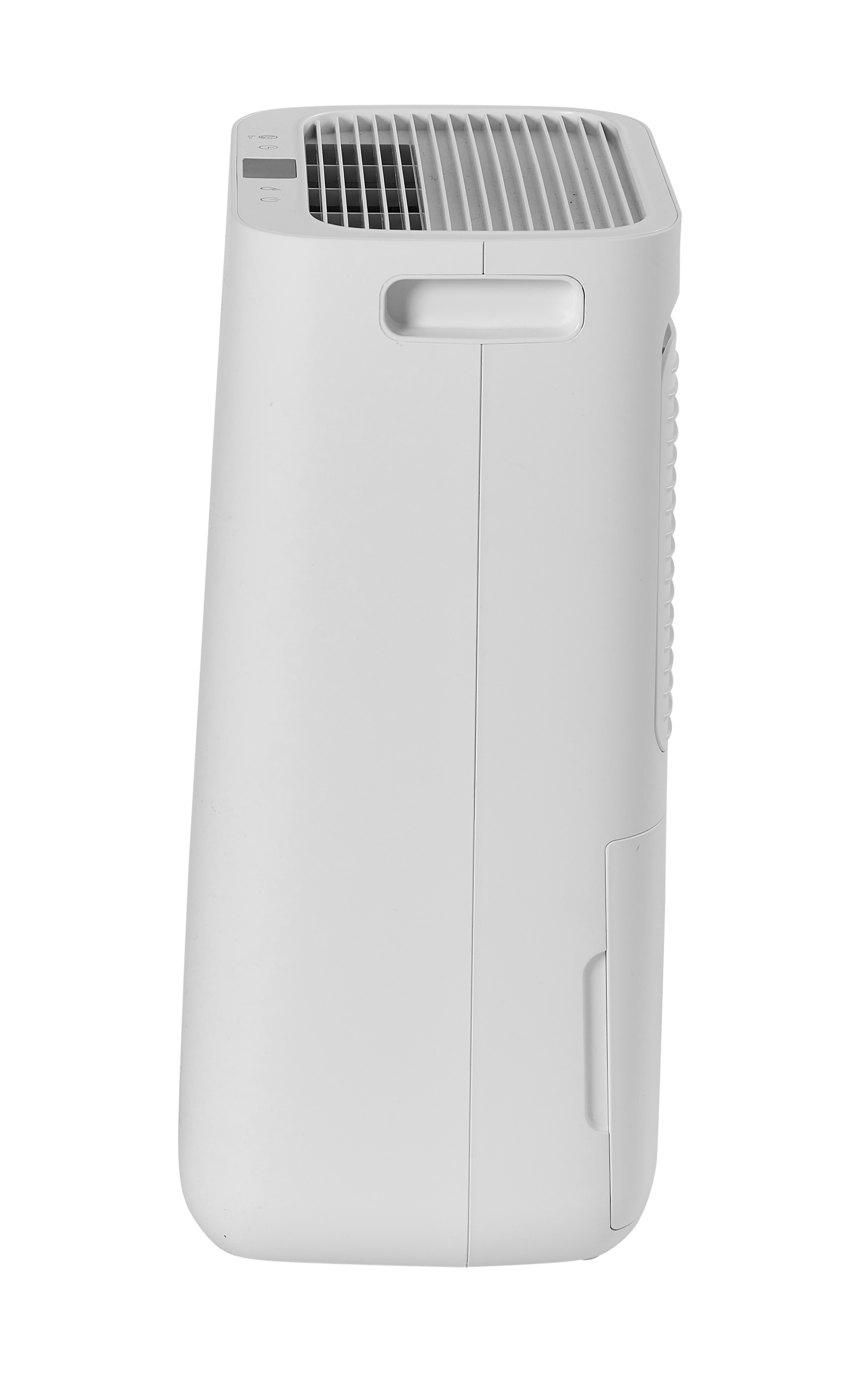 A white dehumidifier with top vents and a handle, shown from the side.
