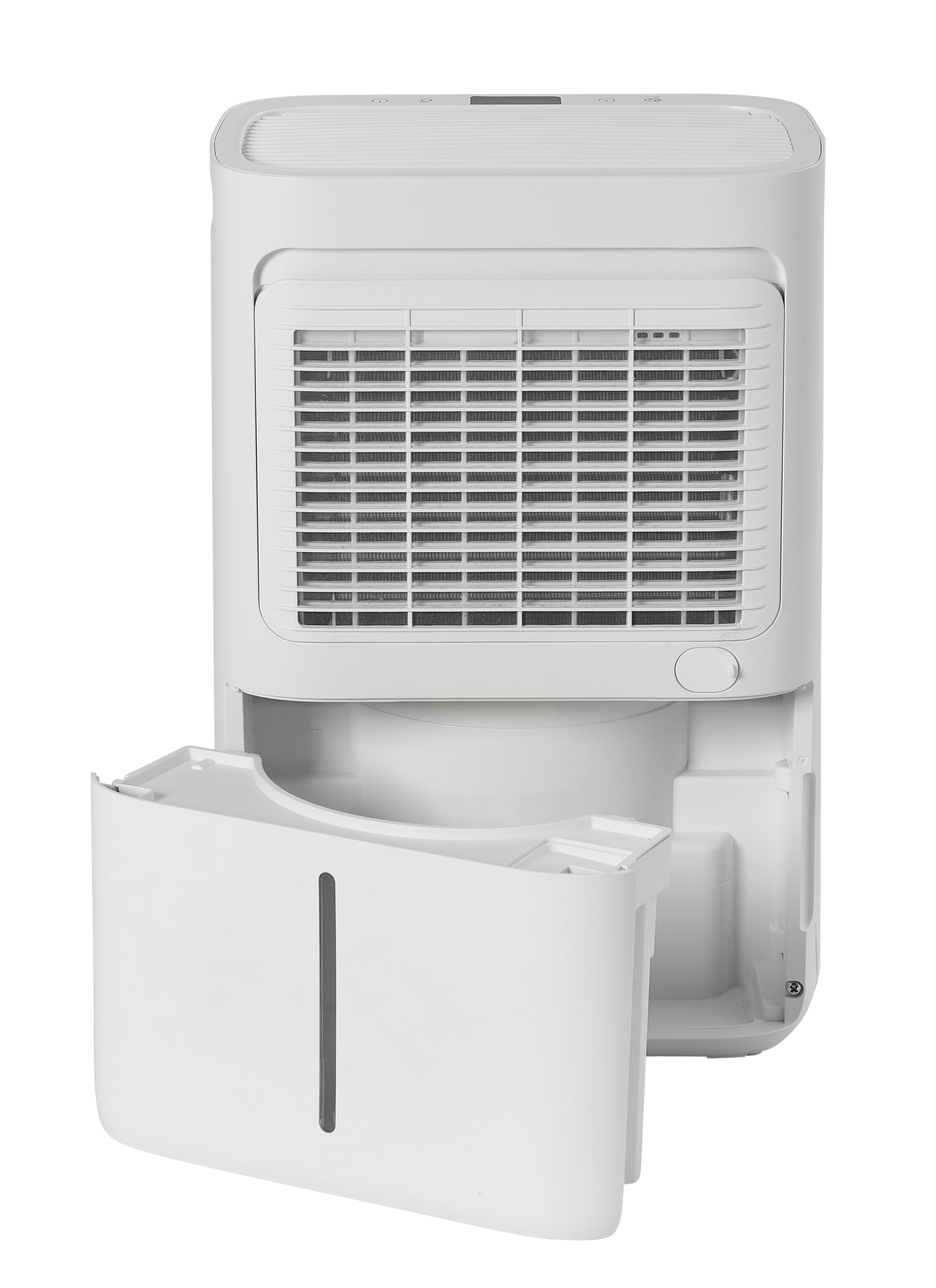 A white dehumidifier with a pull-out tank and a ventilation grille.