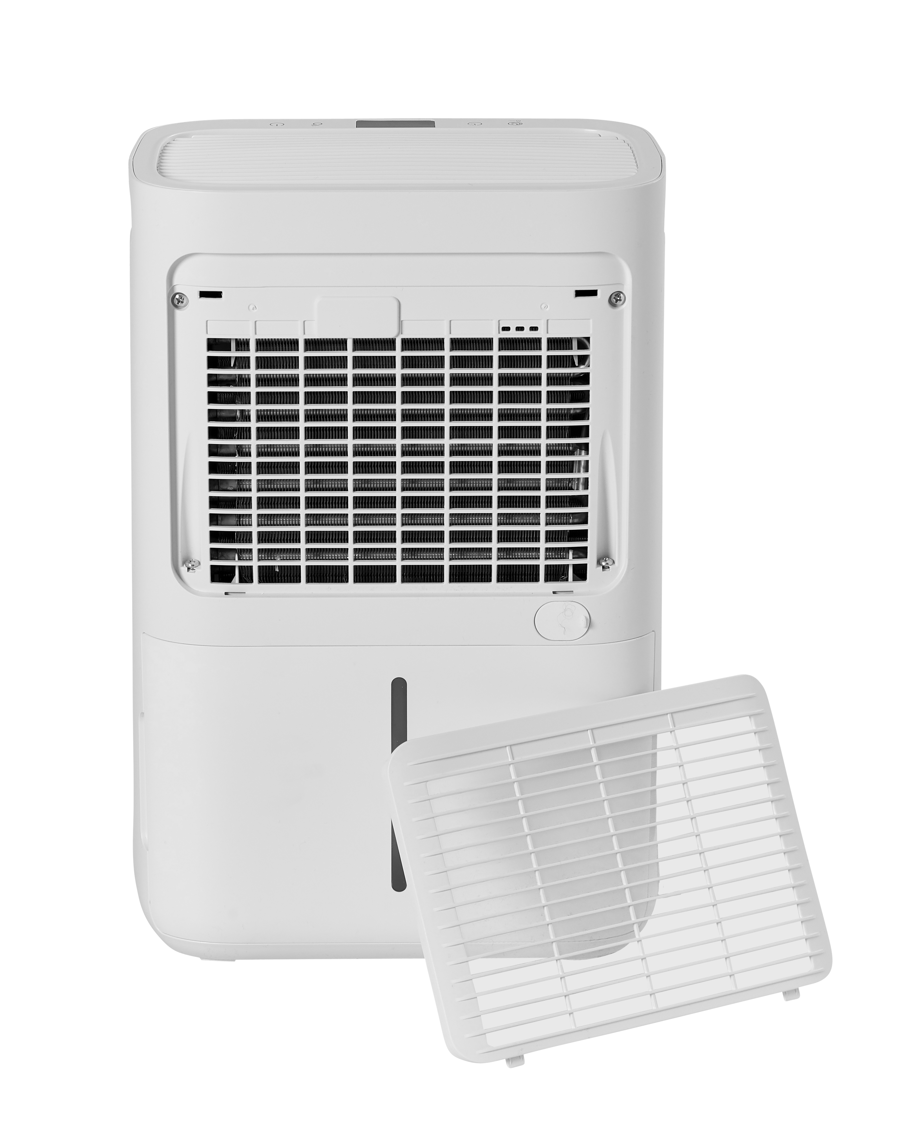 White dehumidifier with detachable filter and visible water tank.