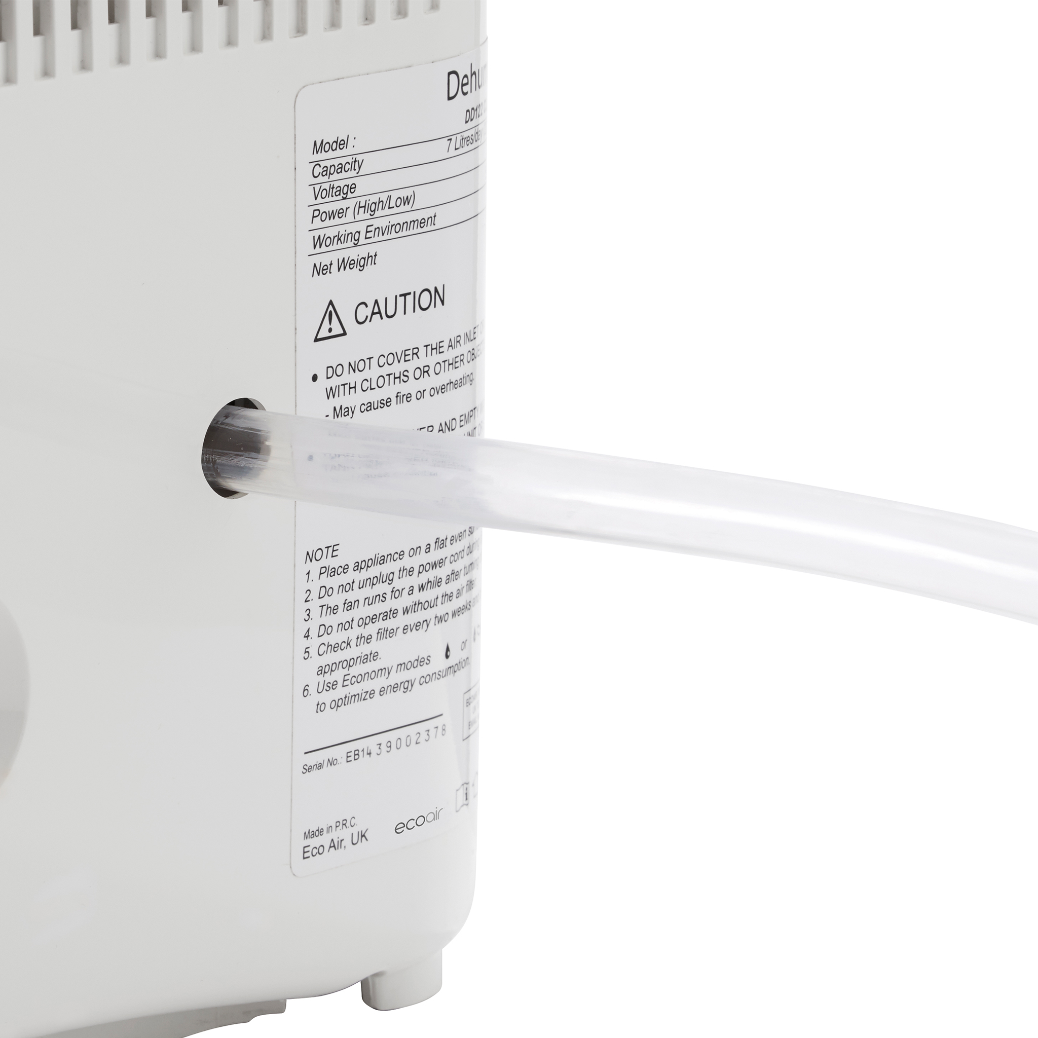 A white dehumidifier with a clear tube extending from its side.