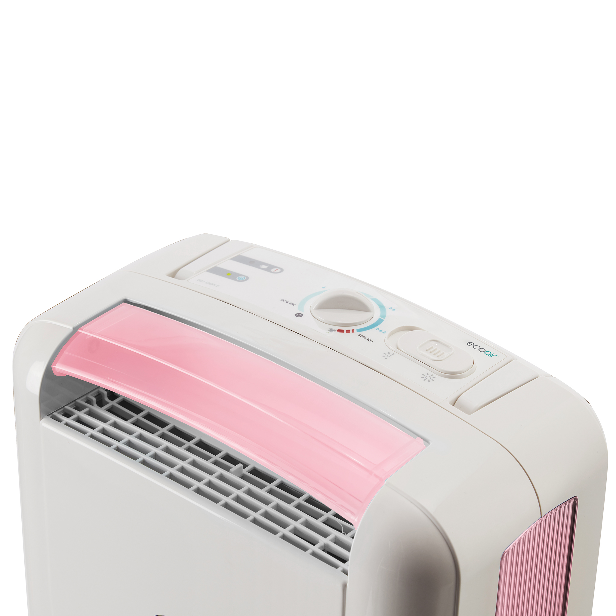 A white dehumidifier with pink accents and control panel details.