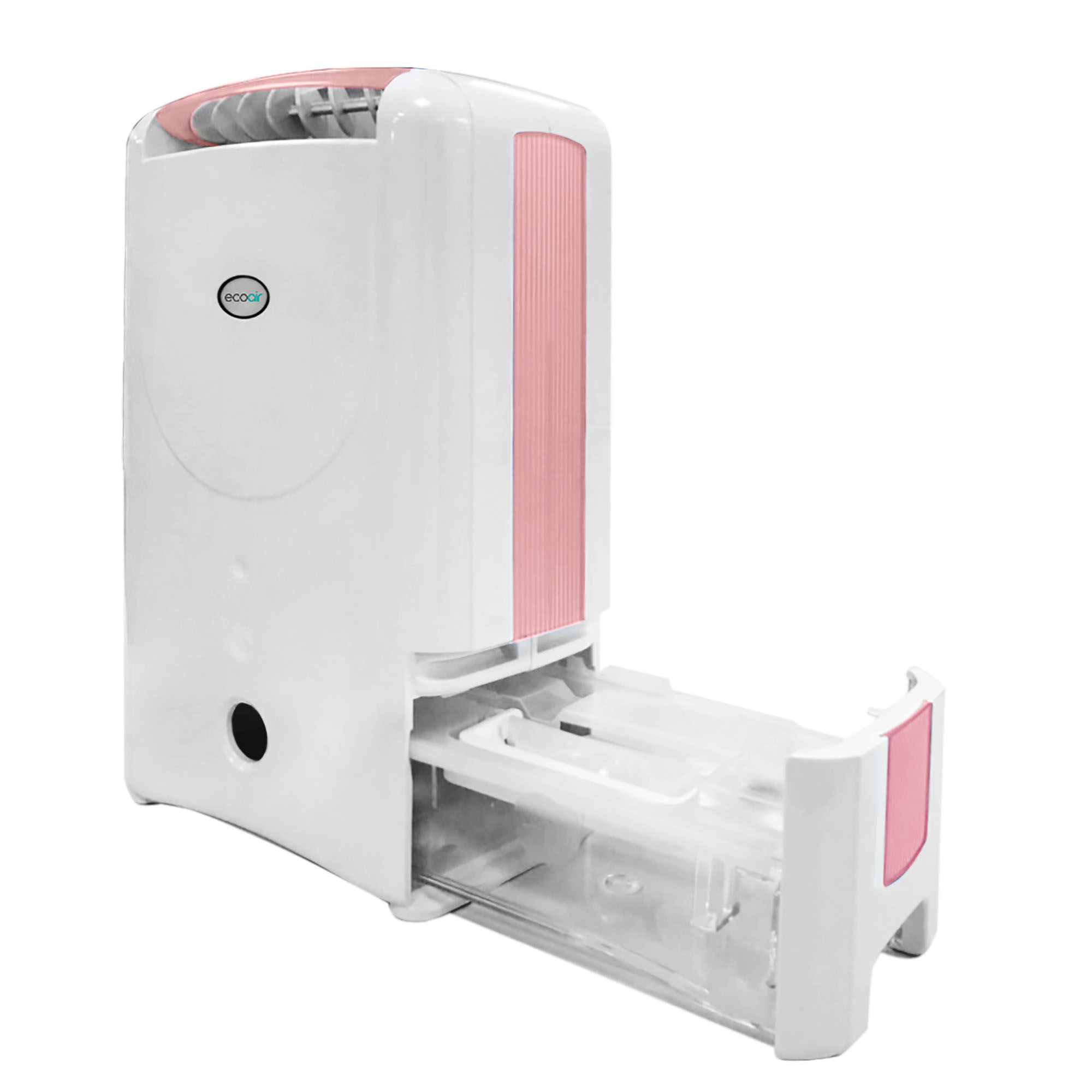 A white dehumidifier with pink accents and an extendable water tank.