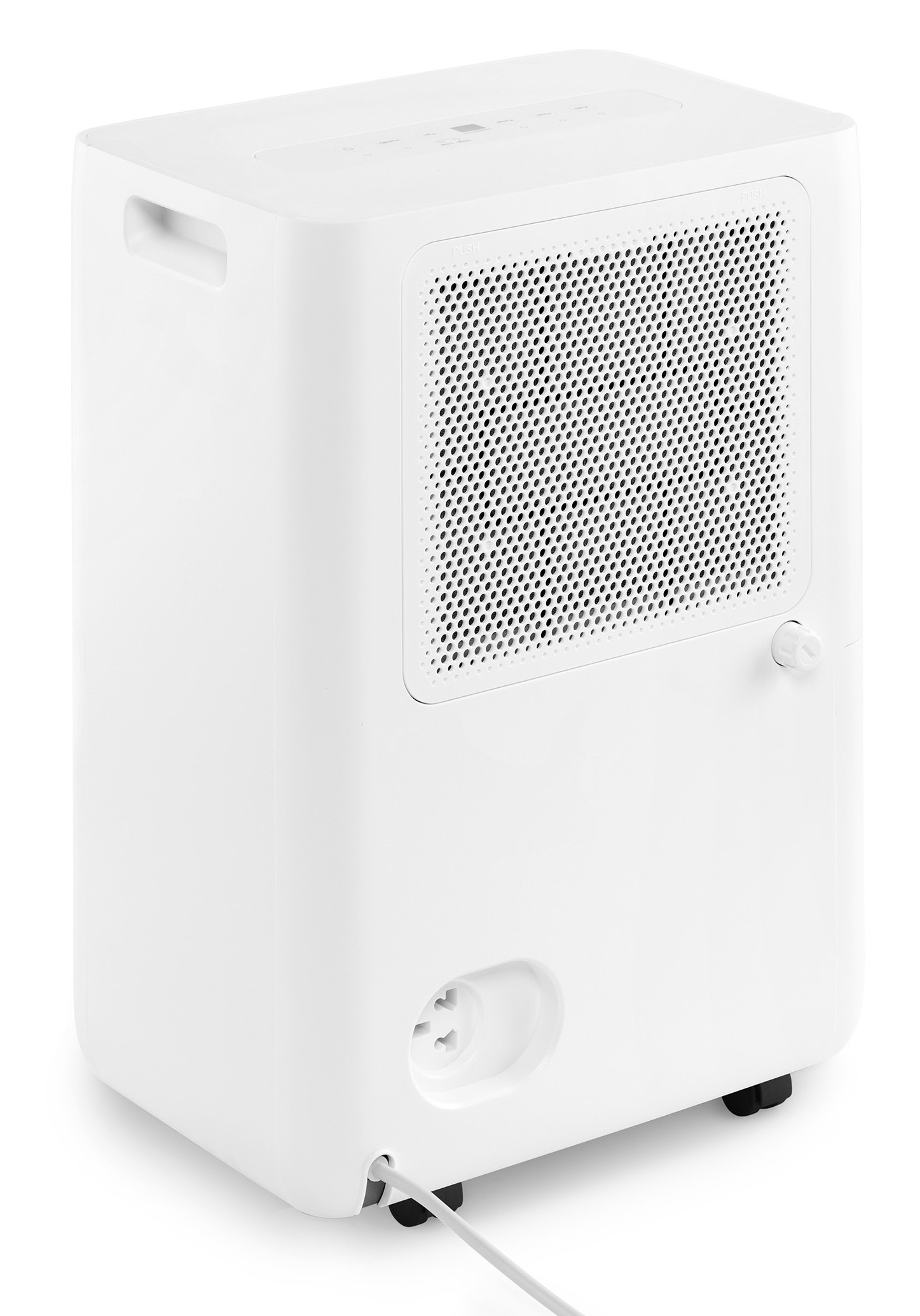 A white dehumidifier with a ventilation grille and a handle.