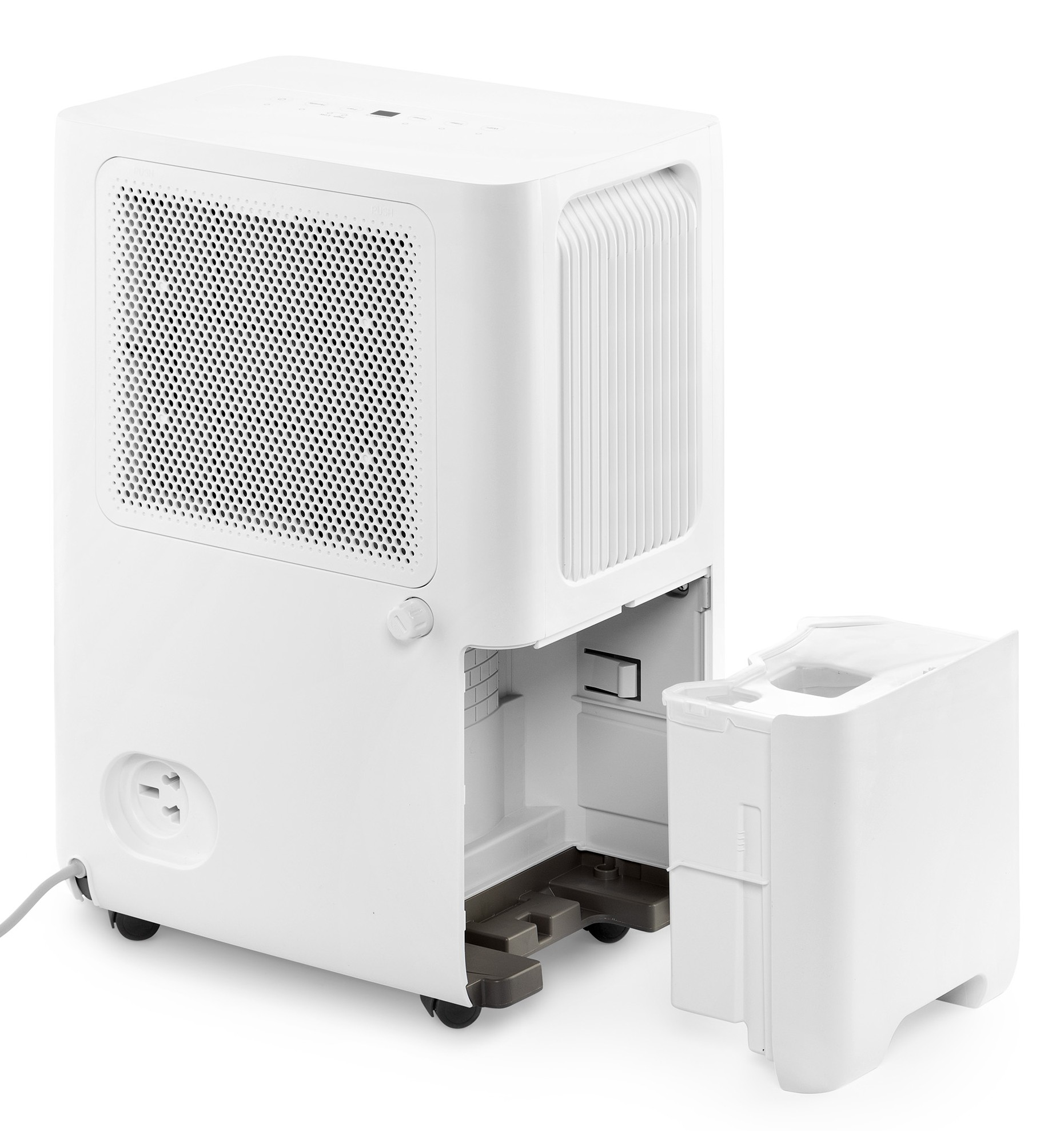 A white dehumidifier with its tank partially removed, showing vents.