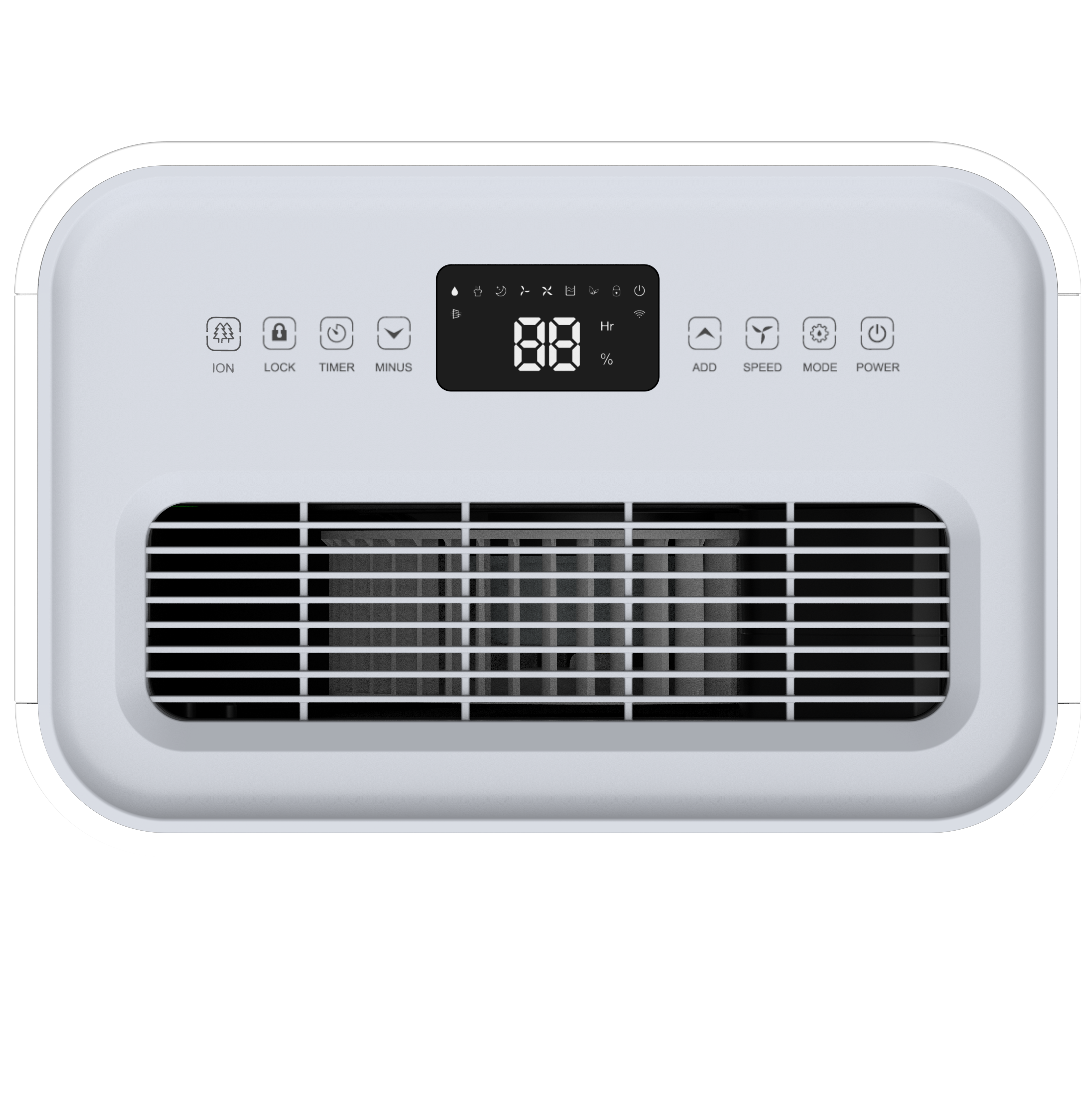 A white air purifier with a digital display and control buttons.