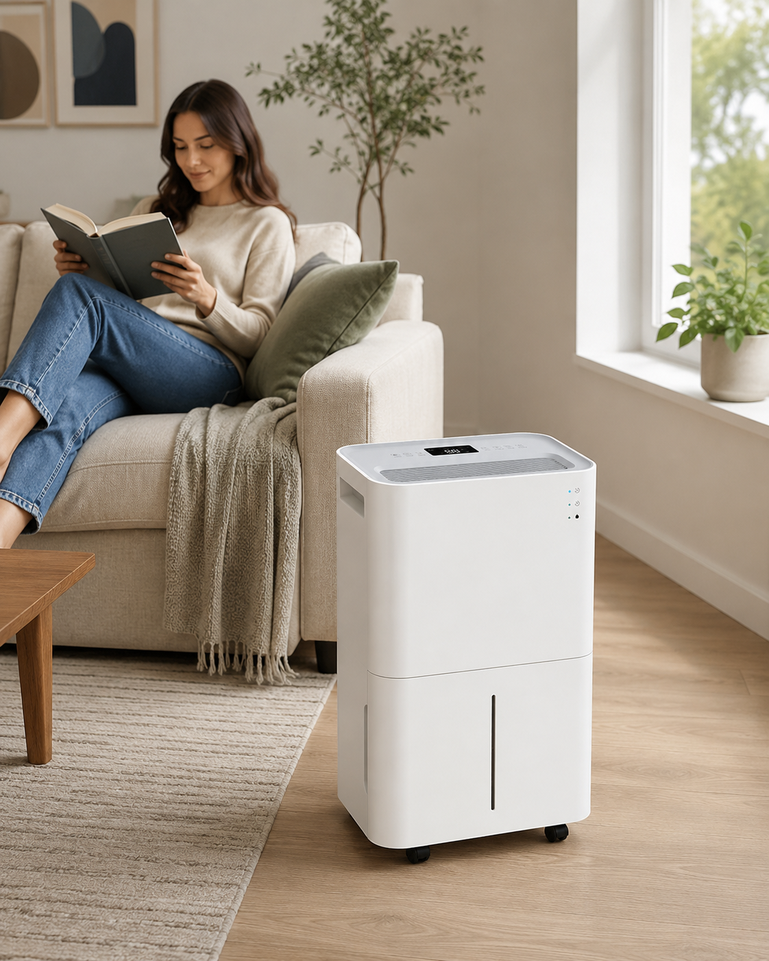 Woman reading on couch next to a white dehumidifier in a bright living room.