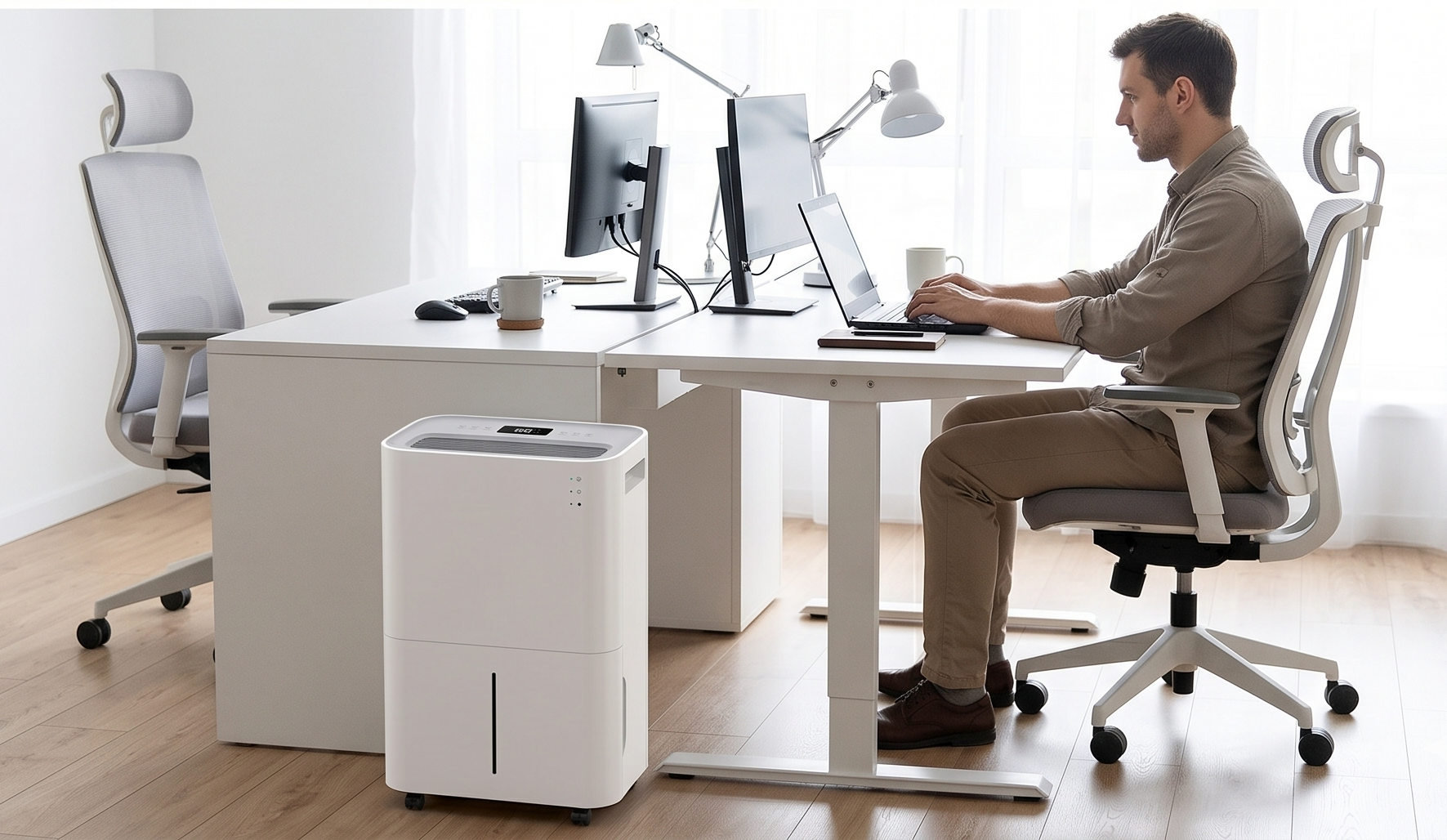 A man sits at a white desk typing on a laptop. A dehumidifier is beside him.