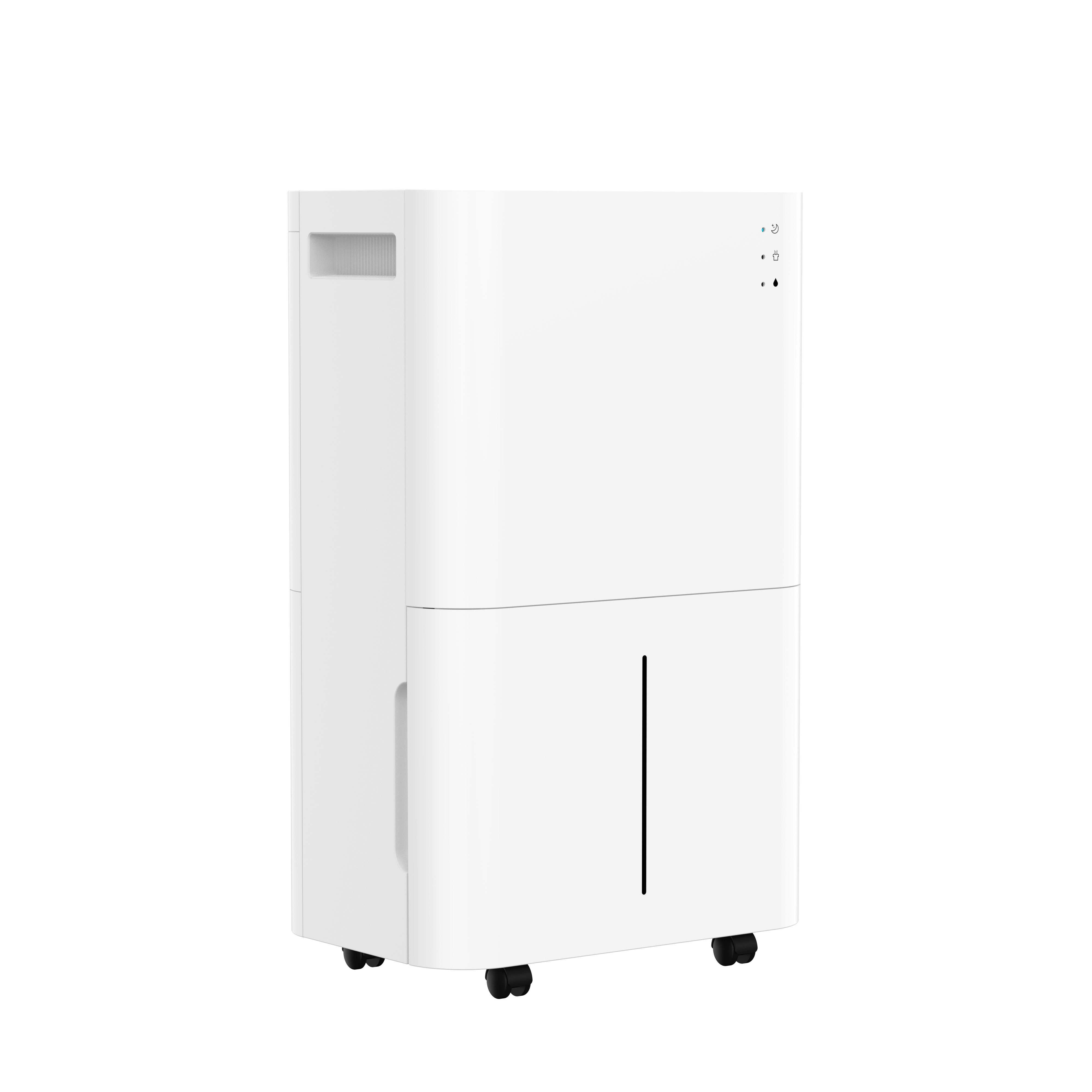 A white dehumidifier with wheels and a water level indicator window.