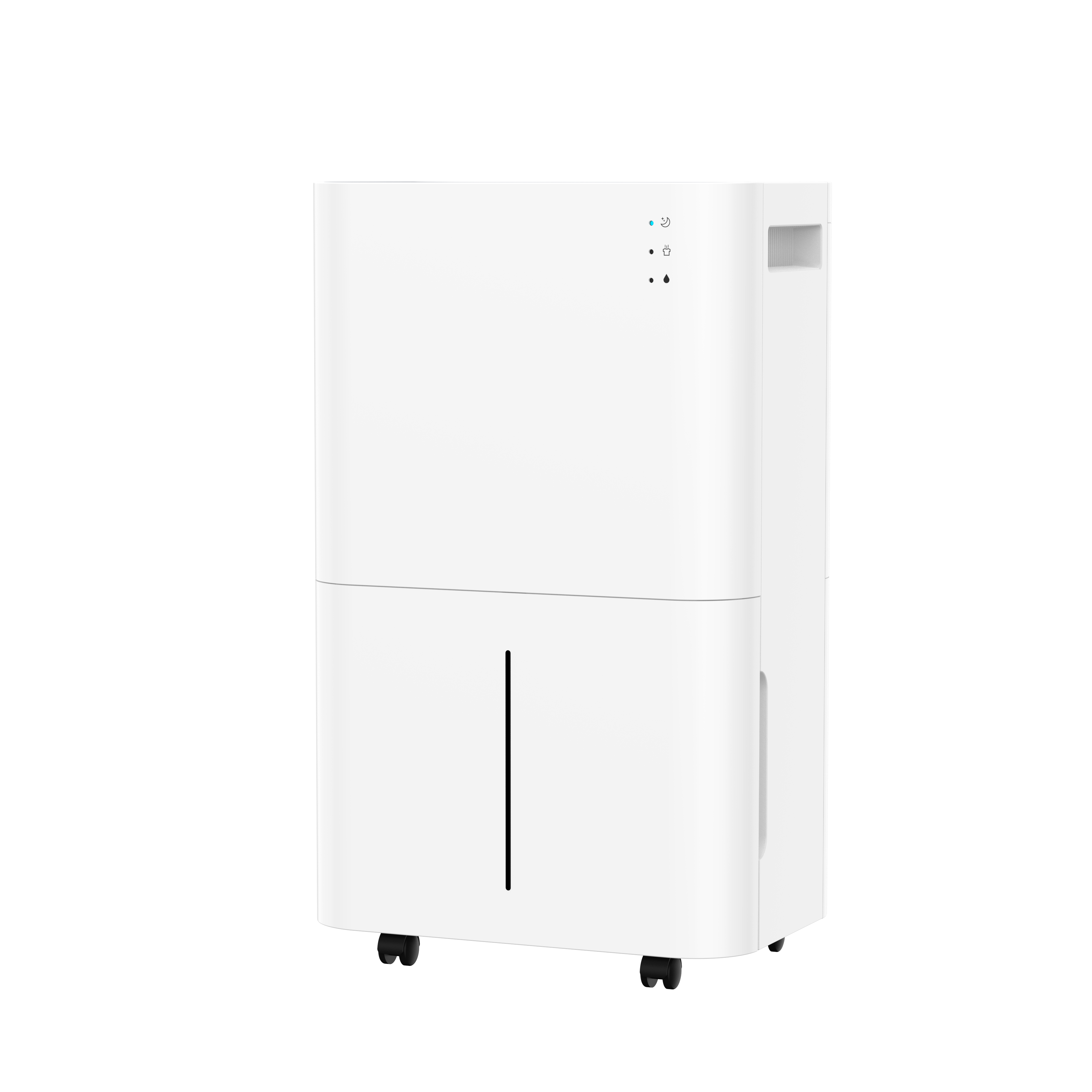 A white dehumidifier with wheels and indicator lights.