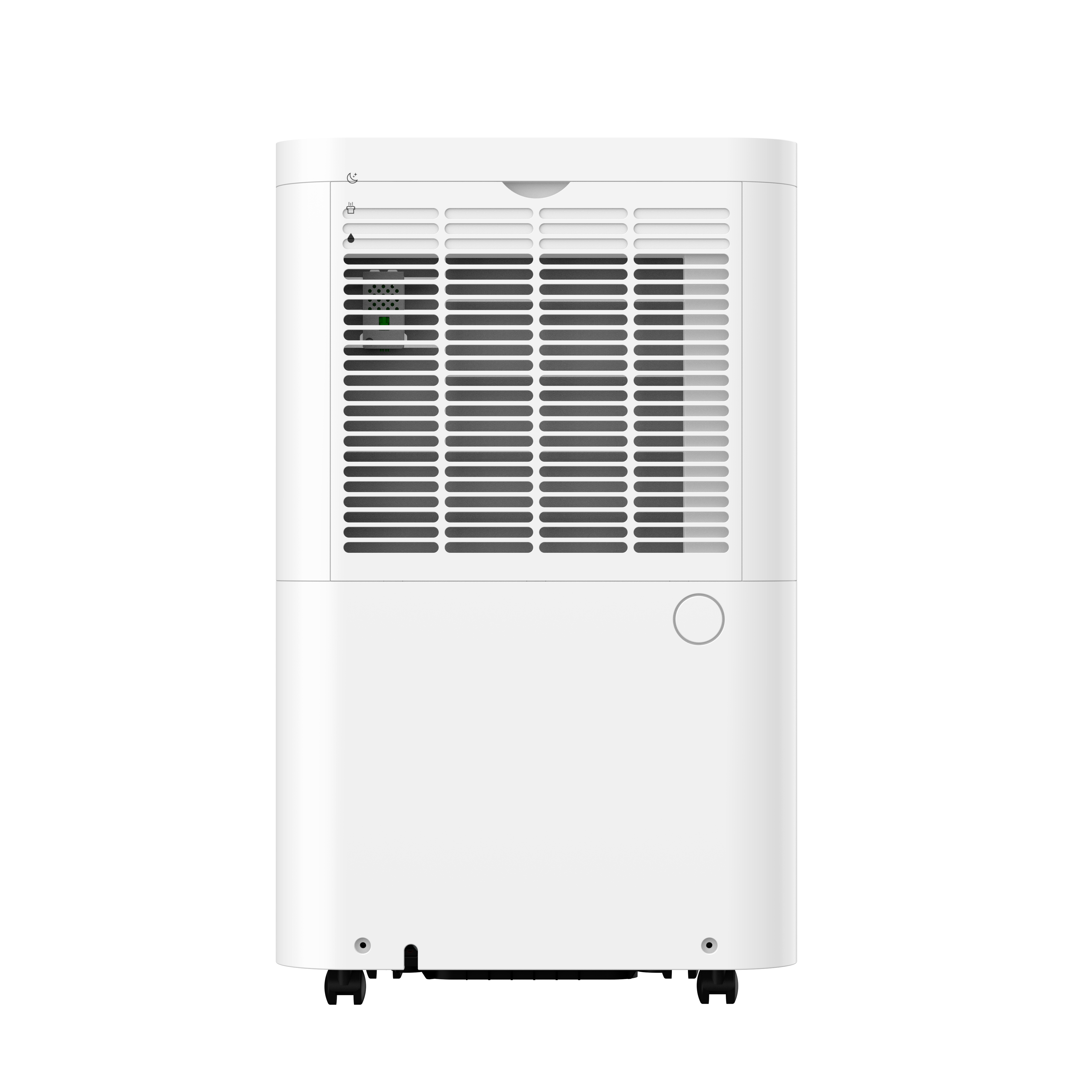A white dehumidifier with vents and control elements, on wheels.