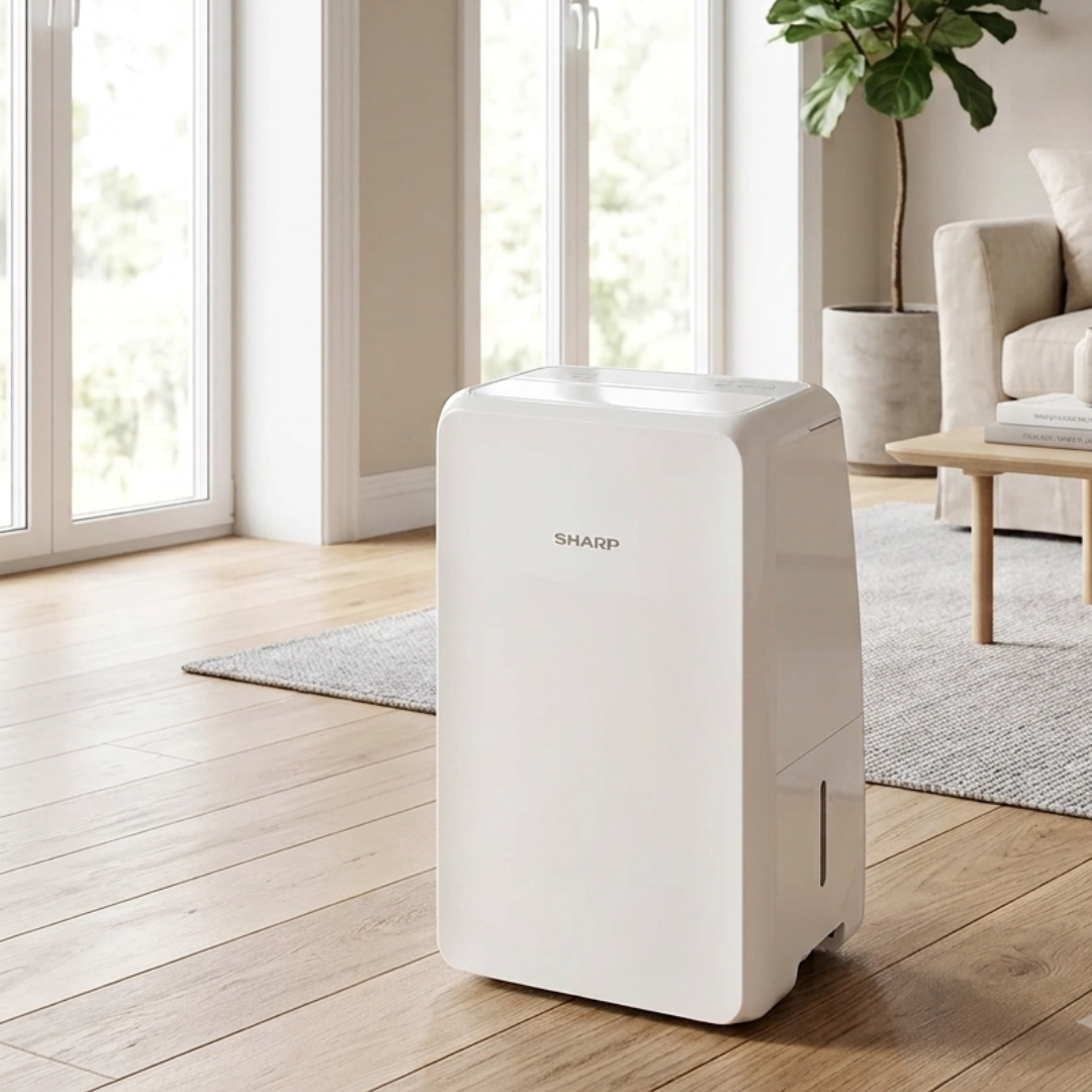 White Sharp dehumidifier on wooden floor with rug and sofa in background.