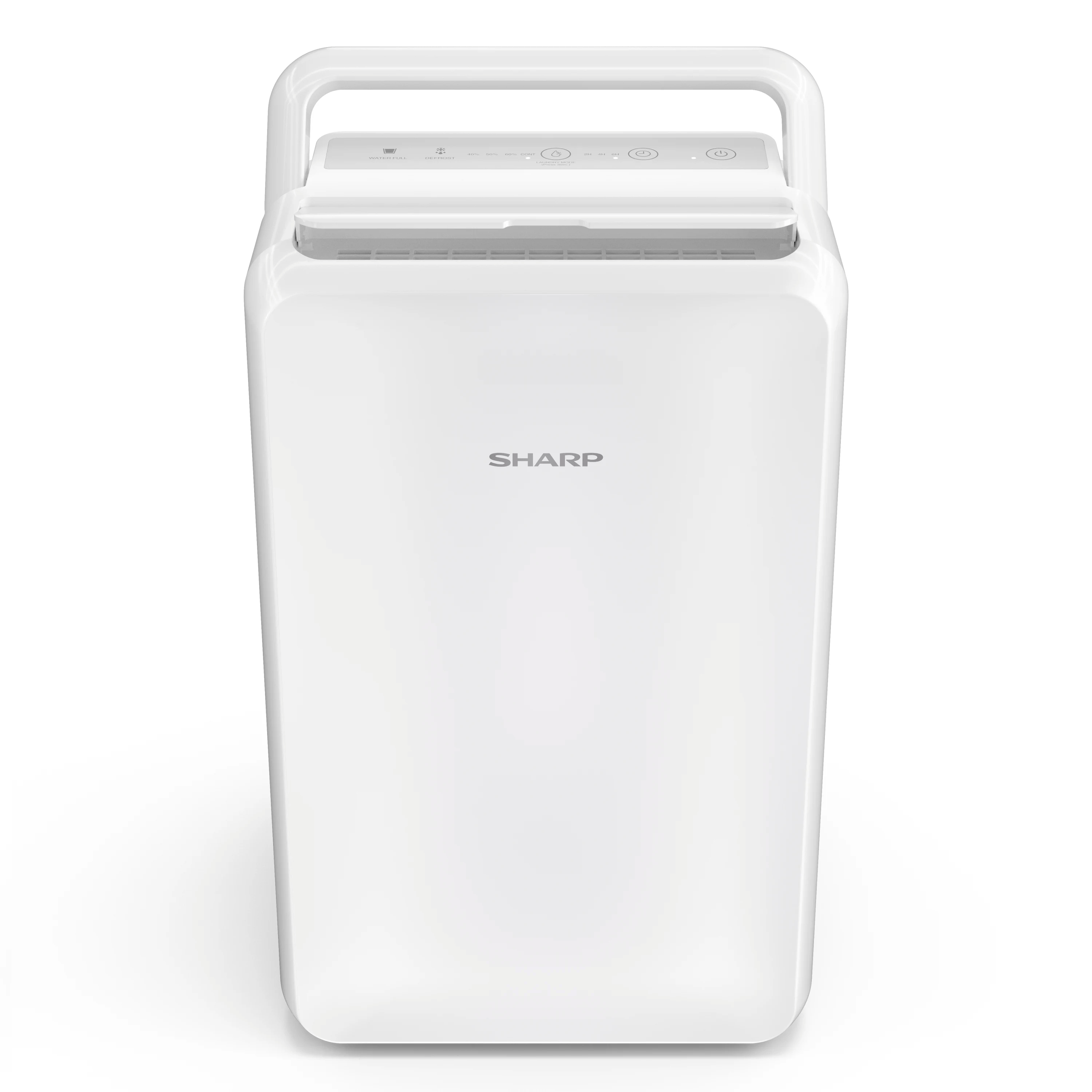 A white SHARP dehumidifier with a handle and control panel.