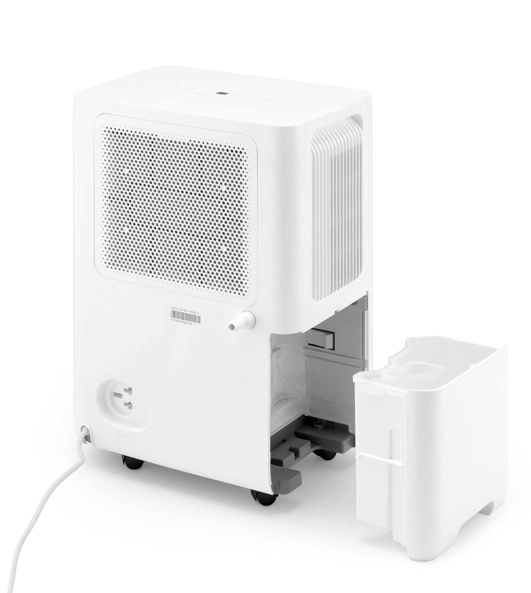 A white dehumidifier with its water tank pulled out and a blue cord.