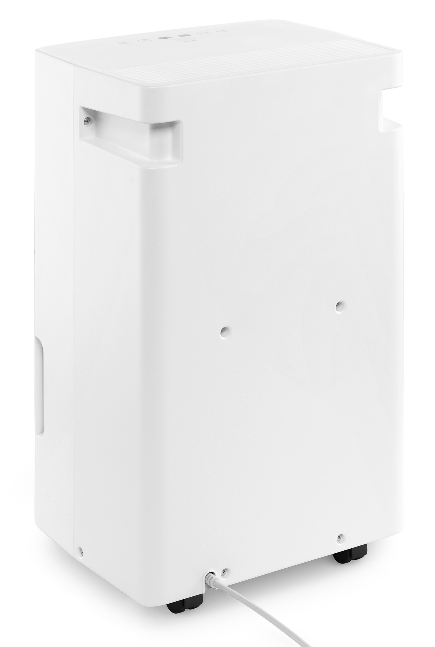 White rectangular machine with wheels, cable connection at the bottom.