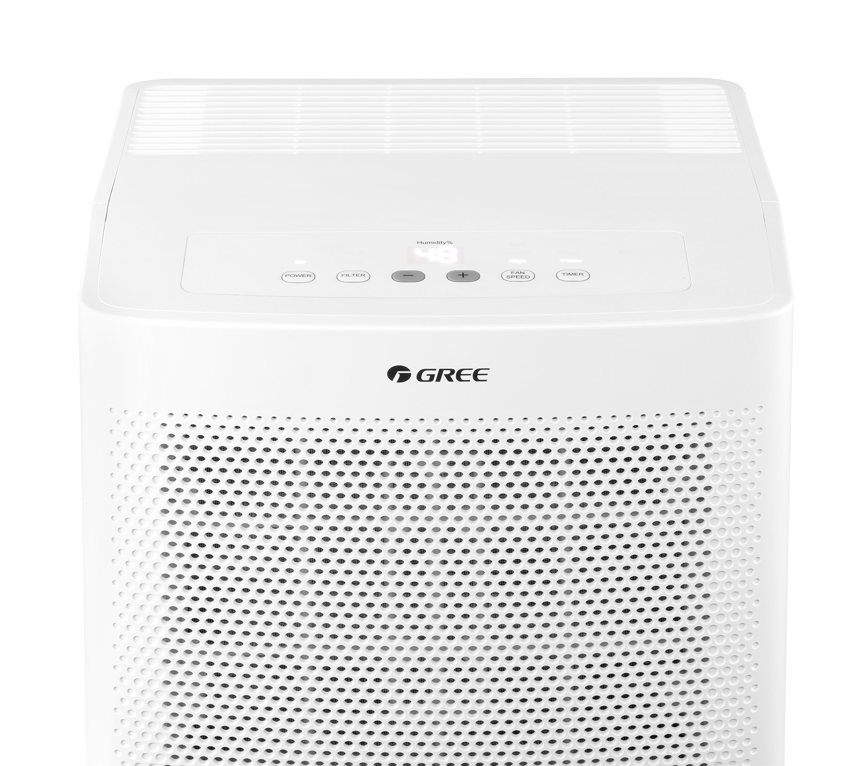 A white air purifier with GREE logo and control panel. Display shows 48% humidity.