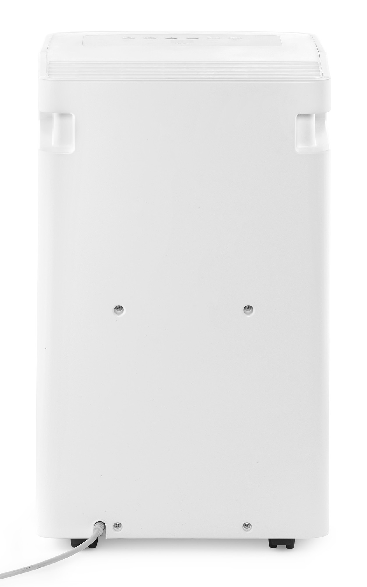 A white dehumidifier from the back, with handles and a cable.