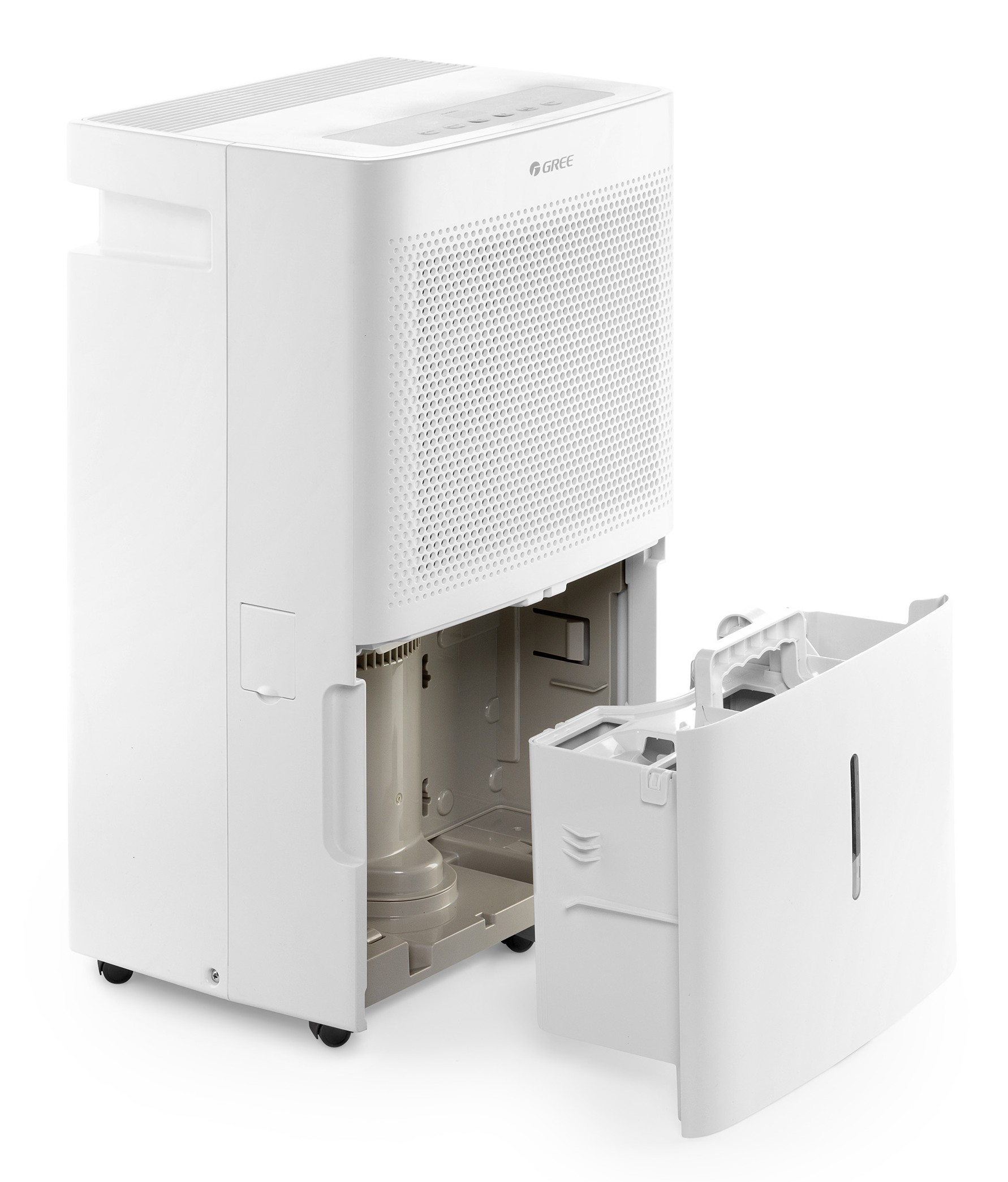 A white dehumidifier with its water tank pulled out, revealing the interior.