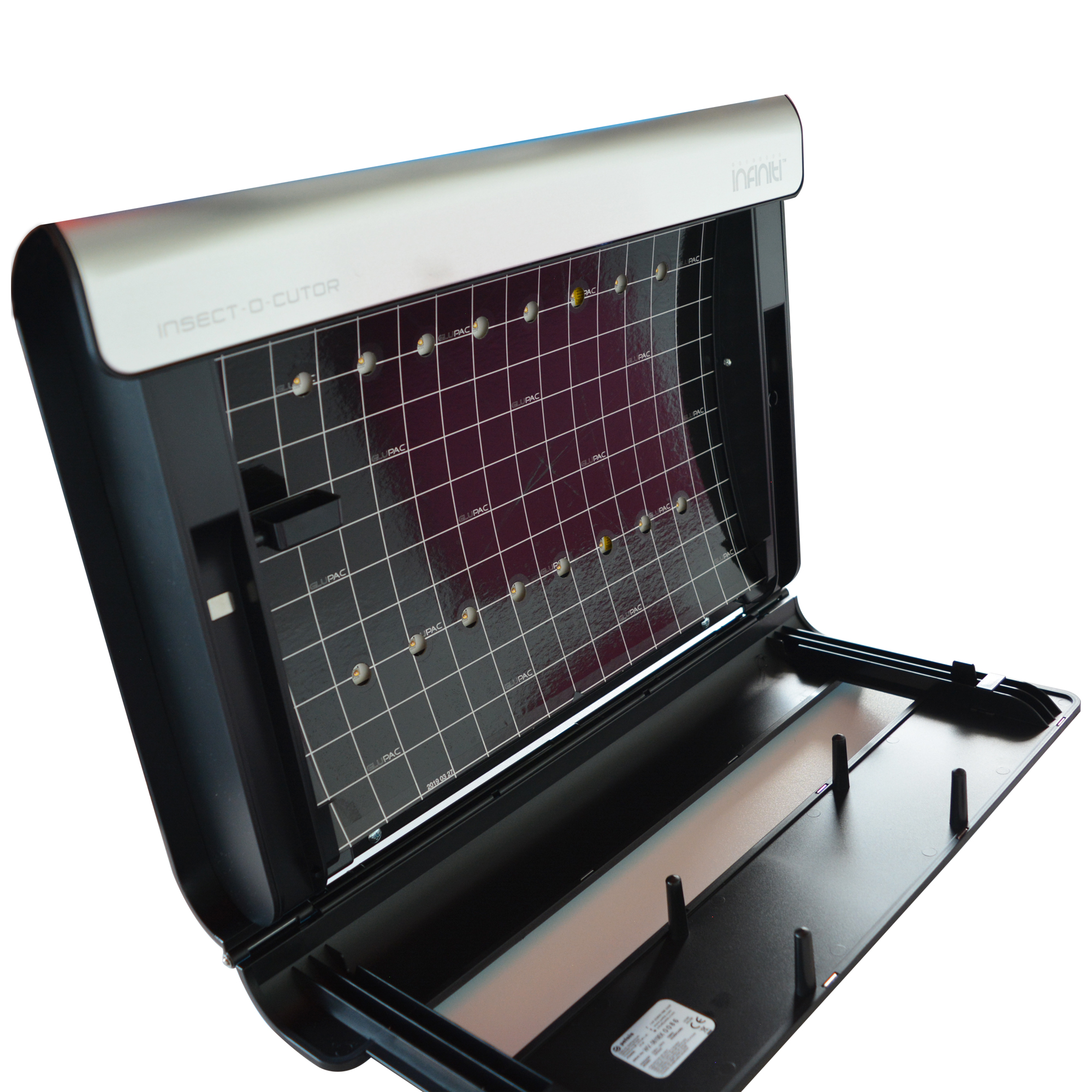 An open insect killer with UV light and sticky paper.