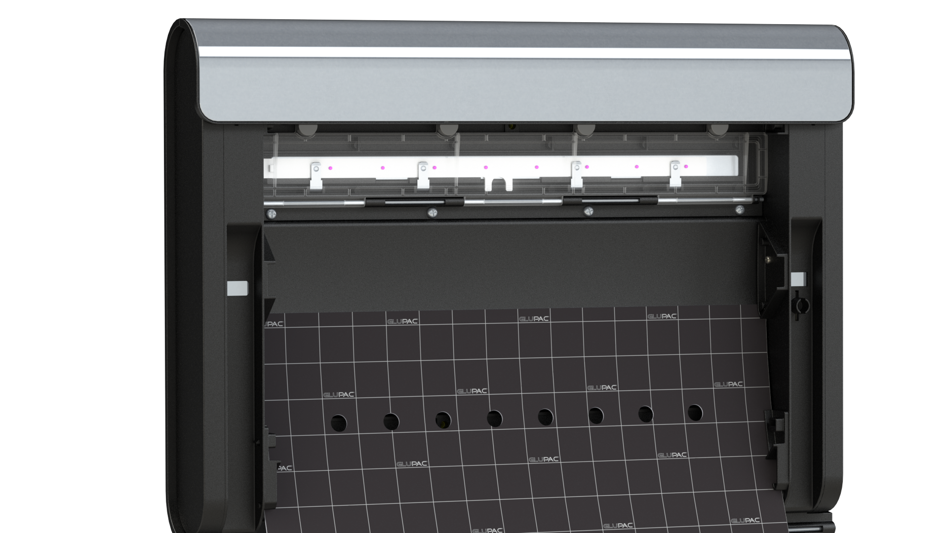 Top view of a black cutting plotter with a white cutting head and grid mat.