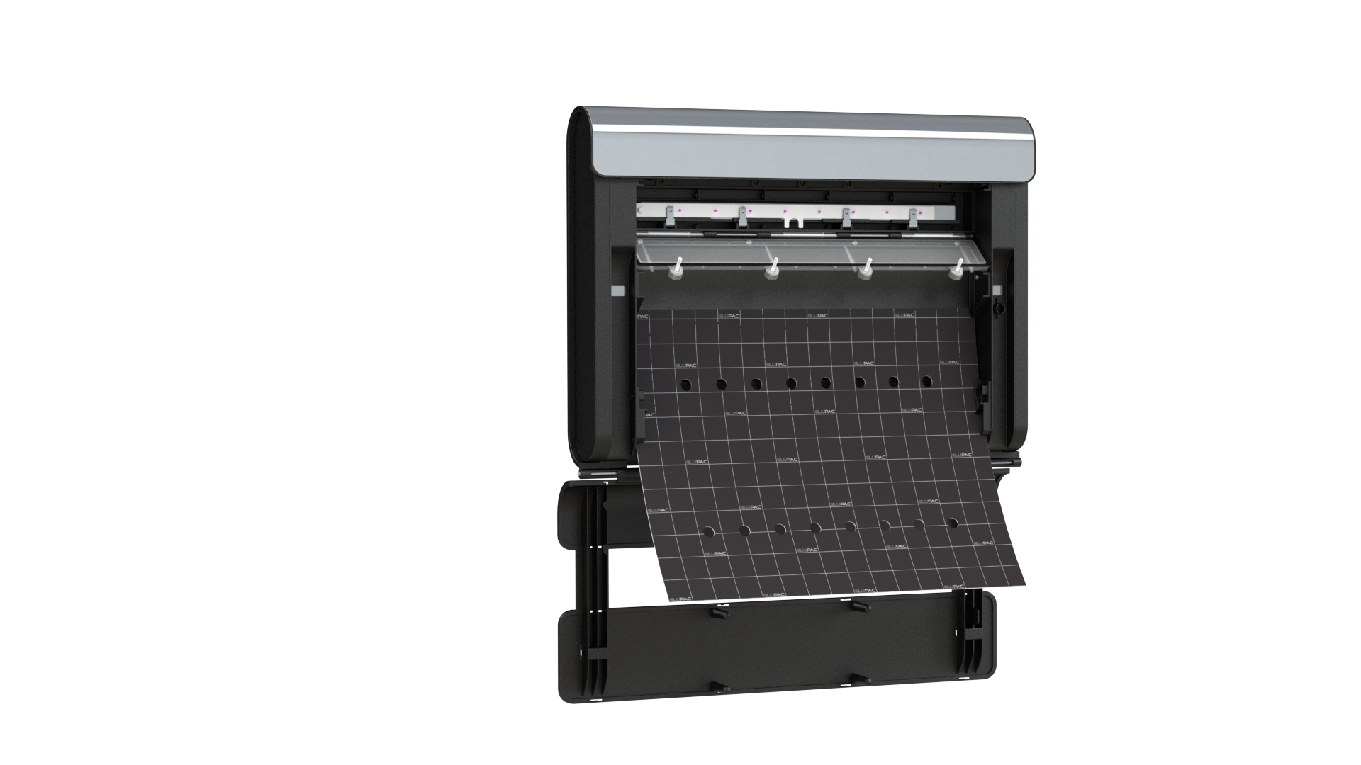 A black cutting plotter with its flap open, showing a checkered cutting mat.