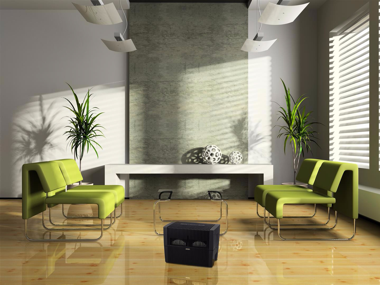 Two green chairs in a modern living room with a wooden floor.