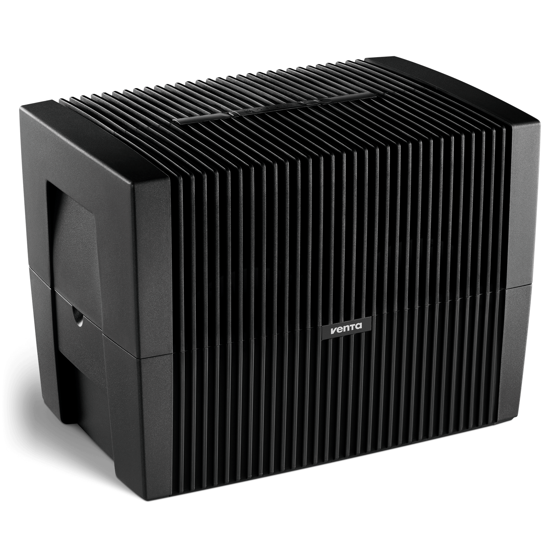 A black air washer with vertical slats and a logo on the front.