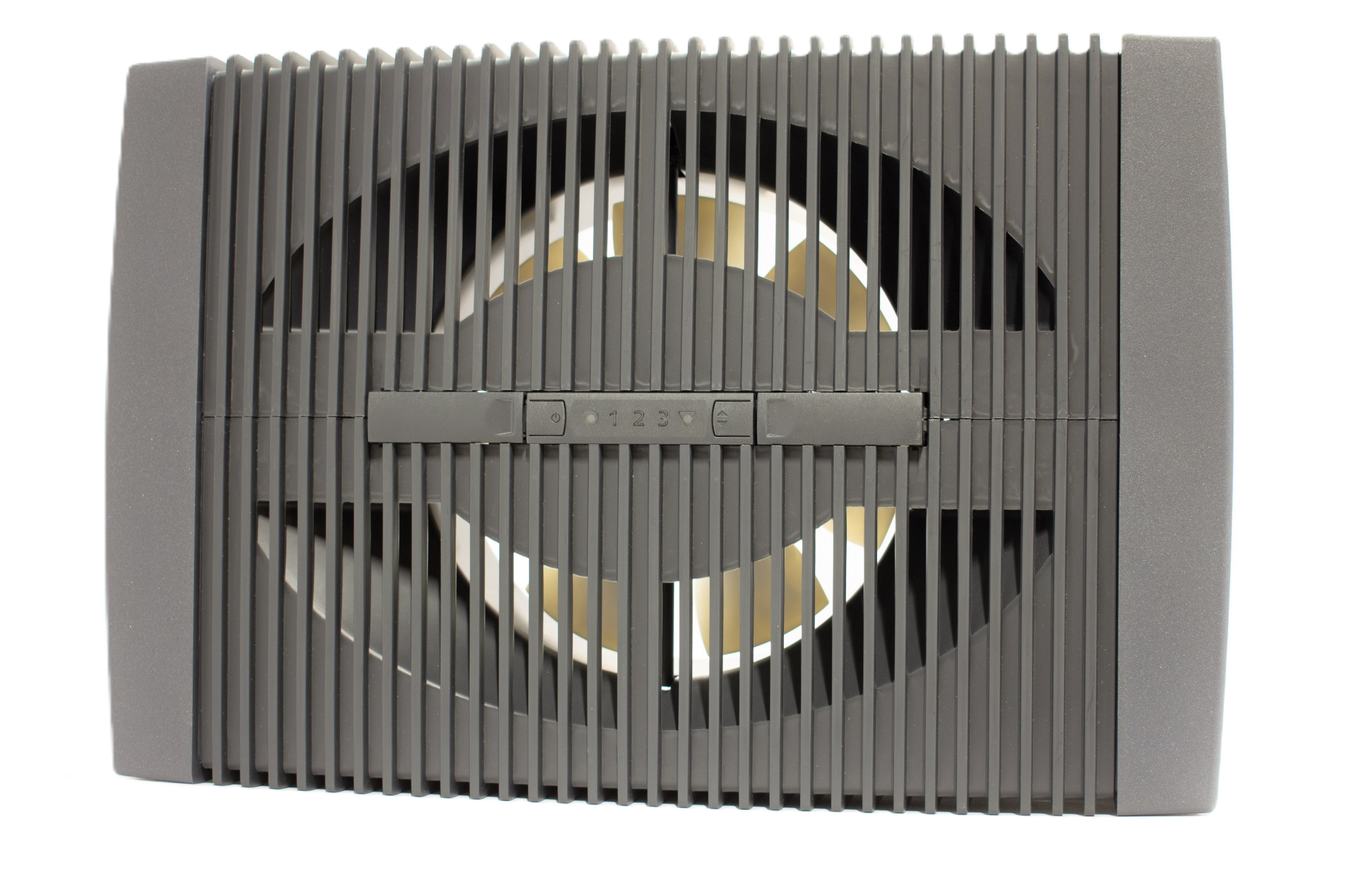 A gray fan with ventilation slots and control buttons.