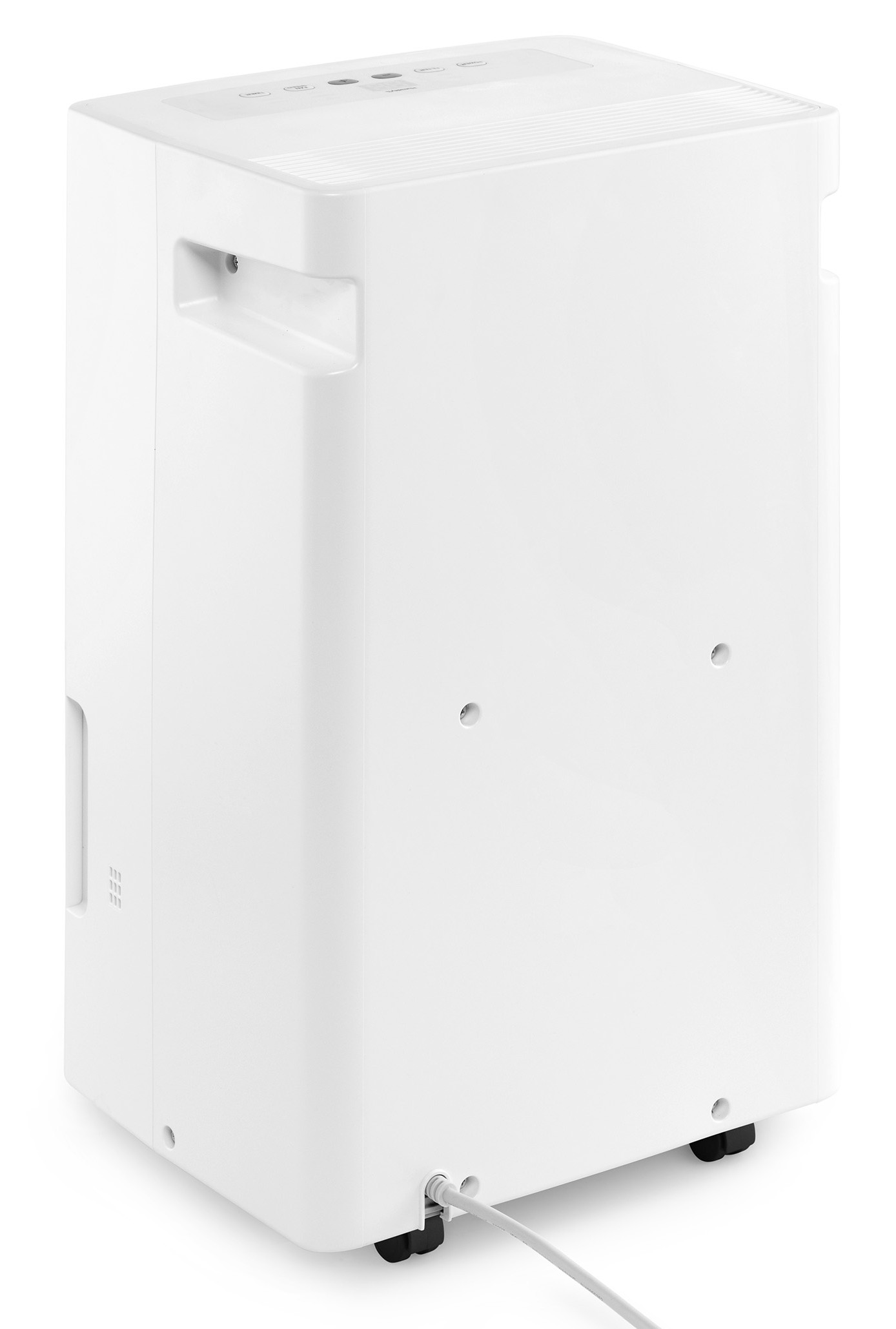 A white dehumidifier with a cord plugged into the back, sitting on wheels.