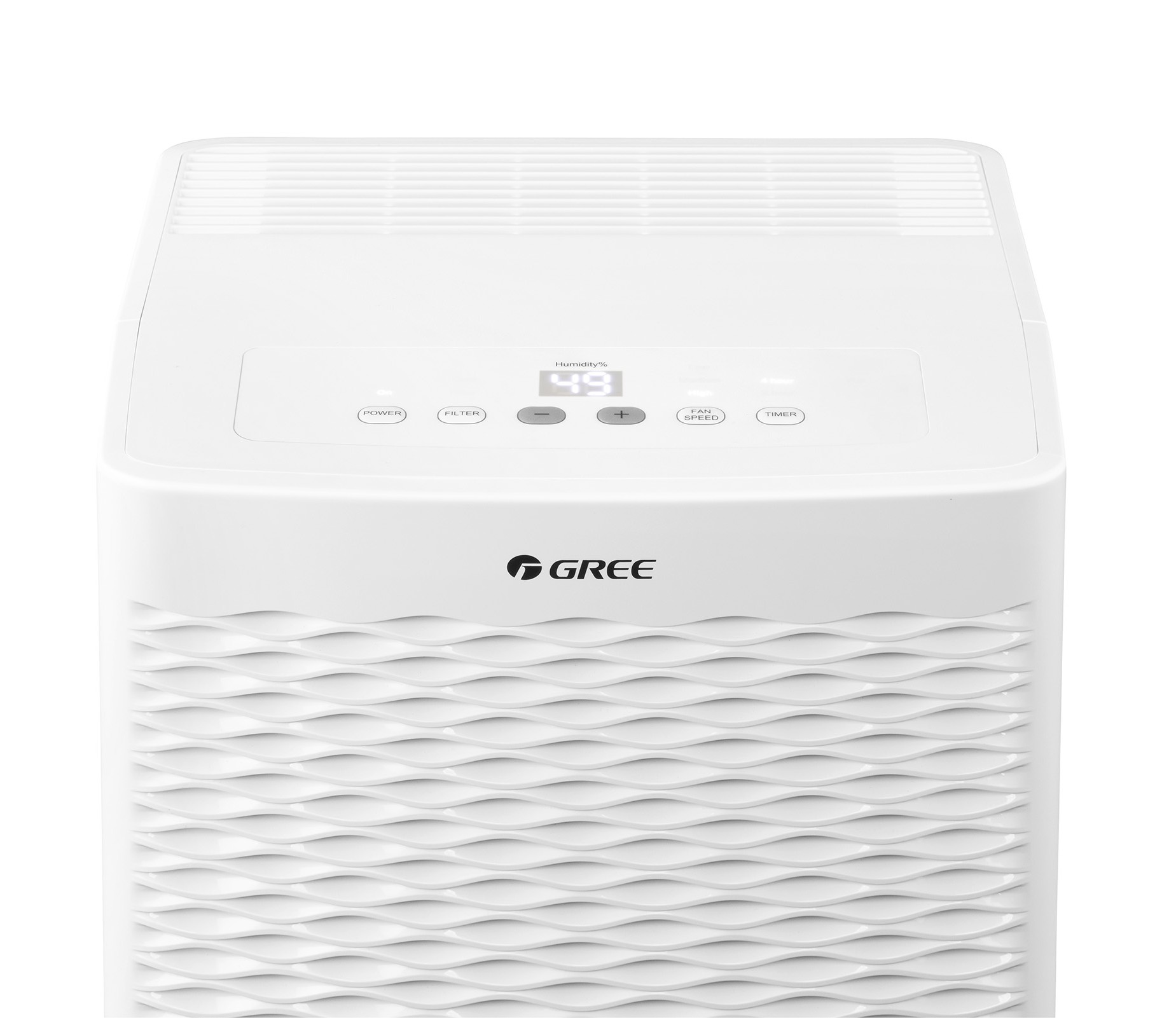 White dehumidifier with digital display and control buttons.