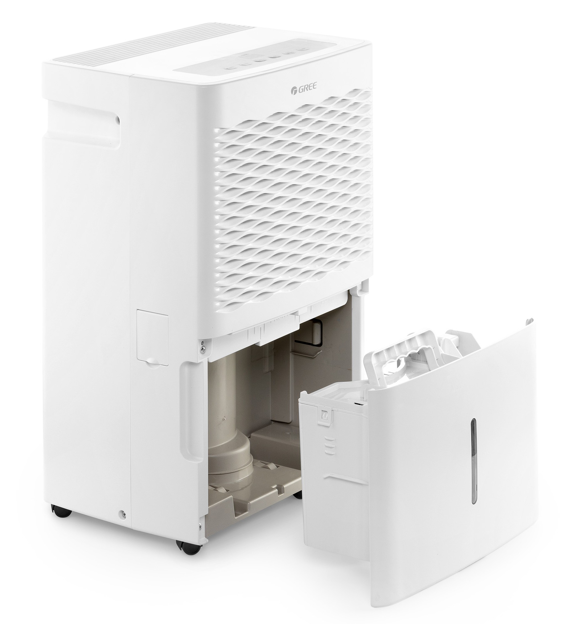 A white dehumidifier with its water tank pulled out and wheels.