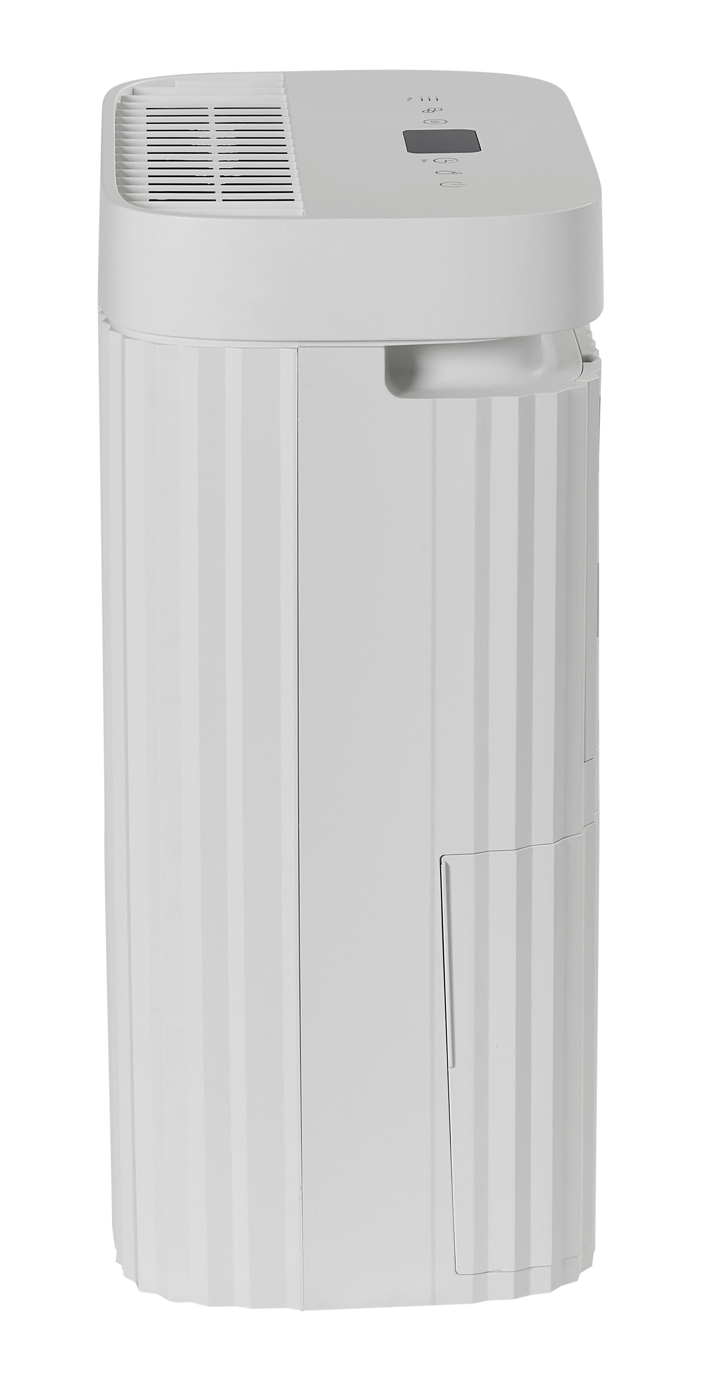 A white dehumidifier with a ribbed body and controls on top.