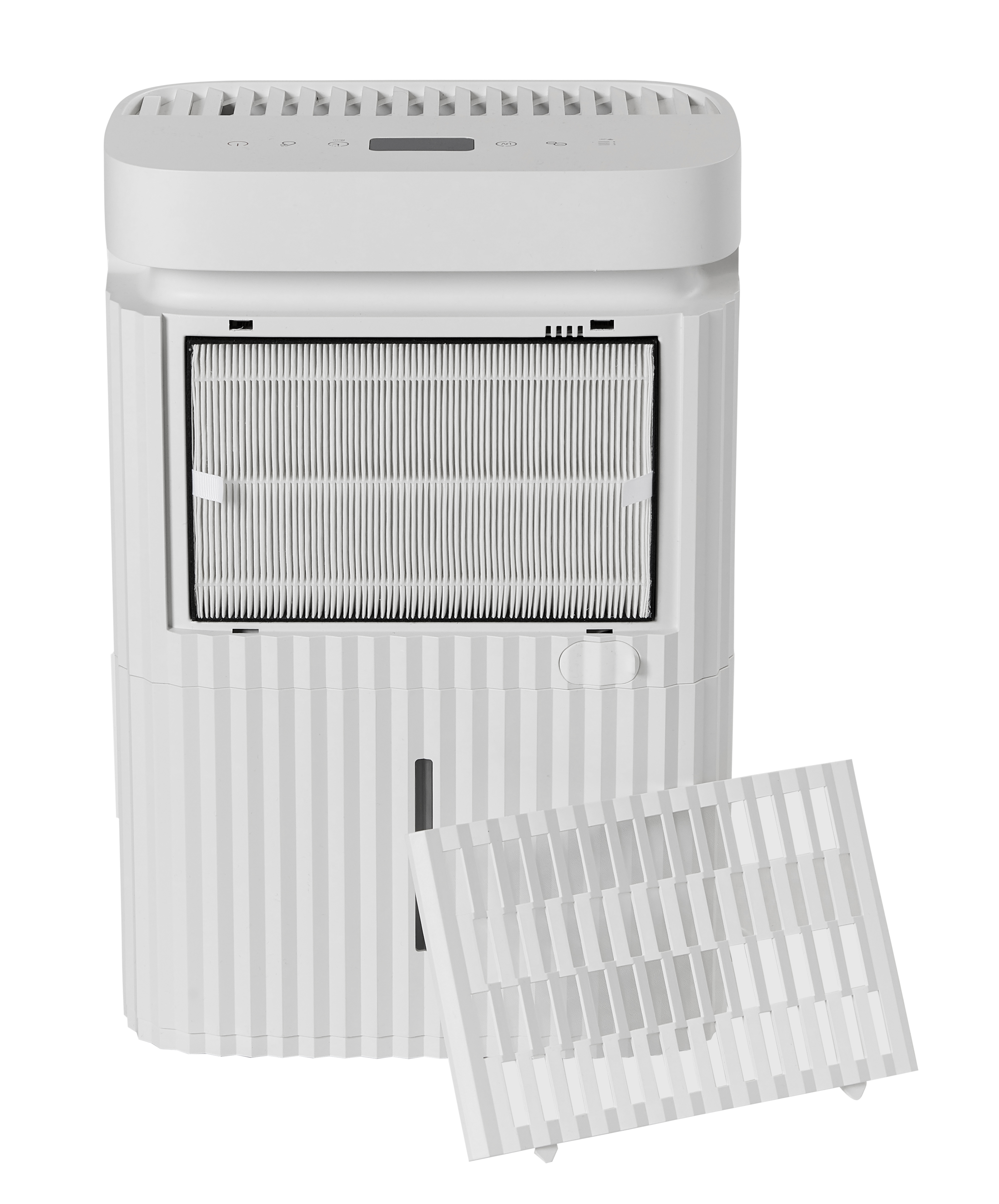 A white air purifier with a visible filter and a detached front panel.