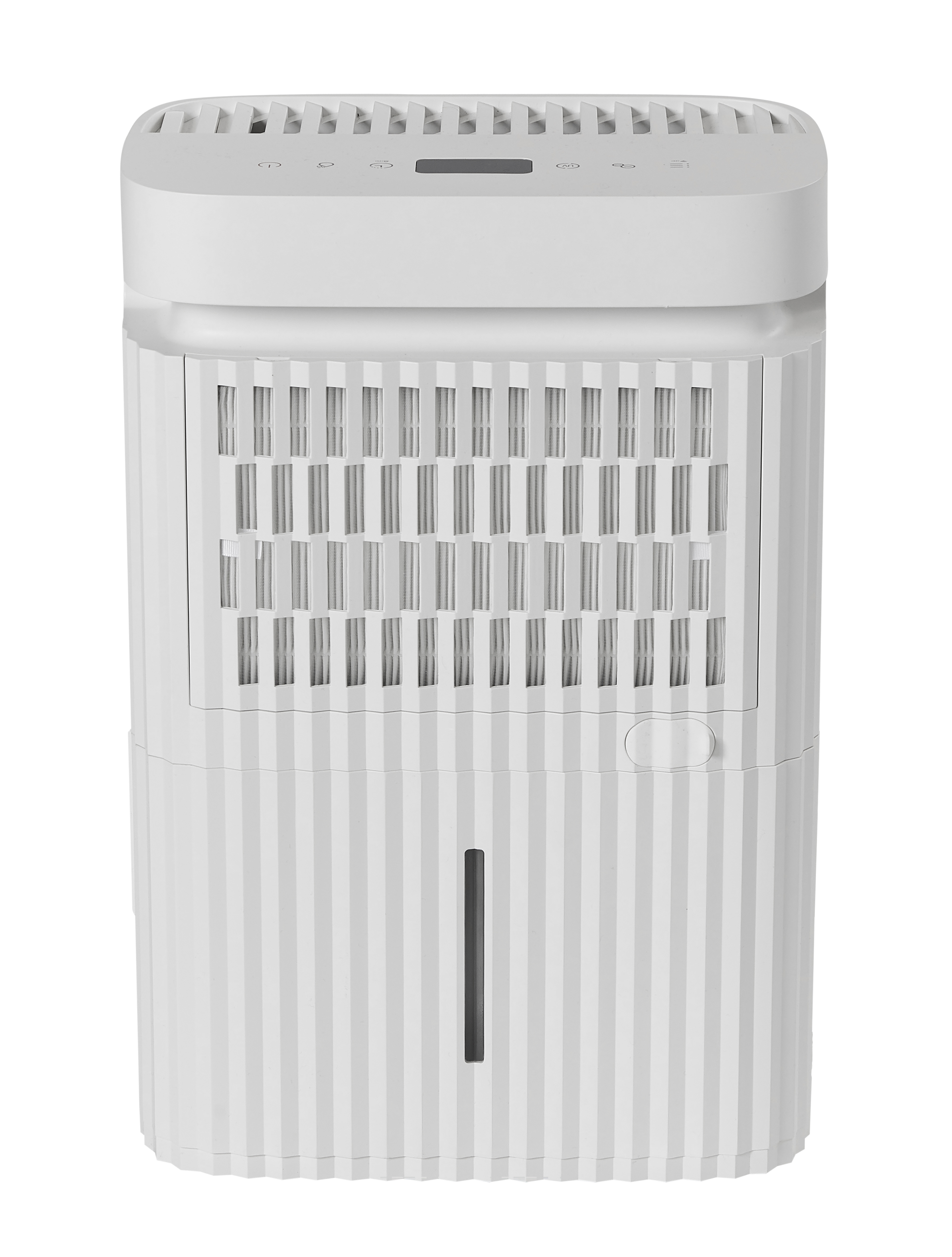 A white air cooler with vertical ridges and ventilation slits.
