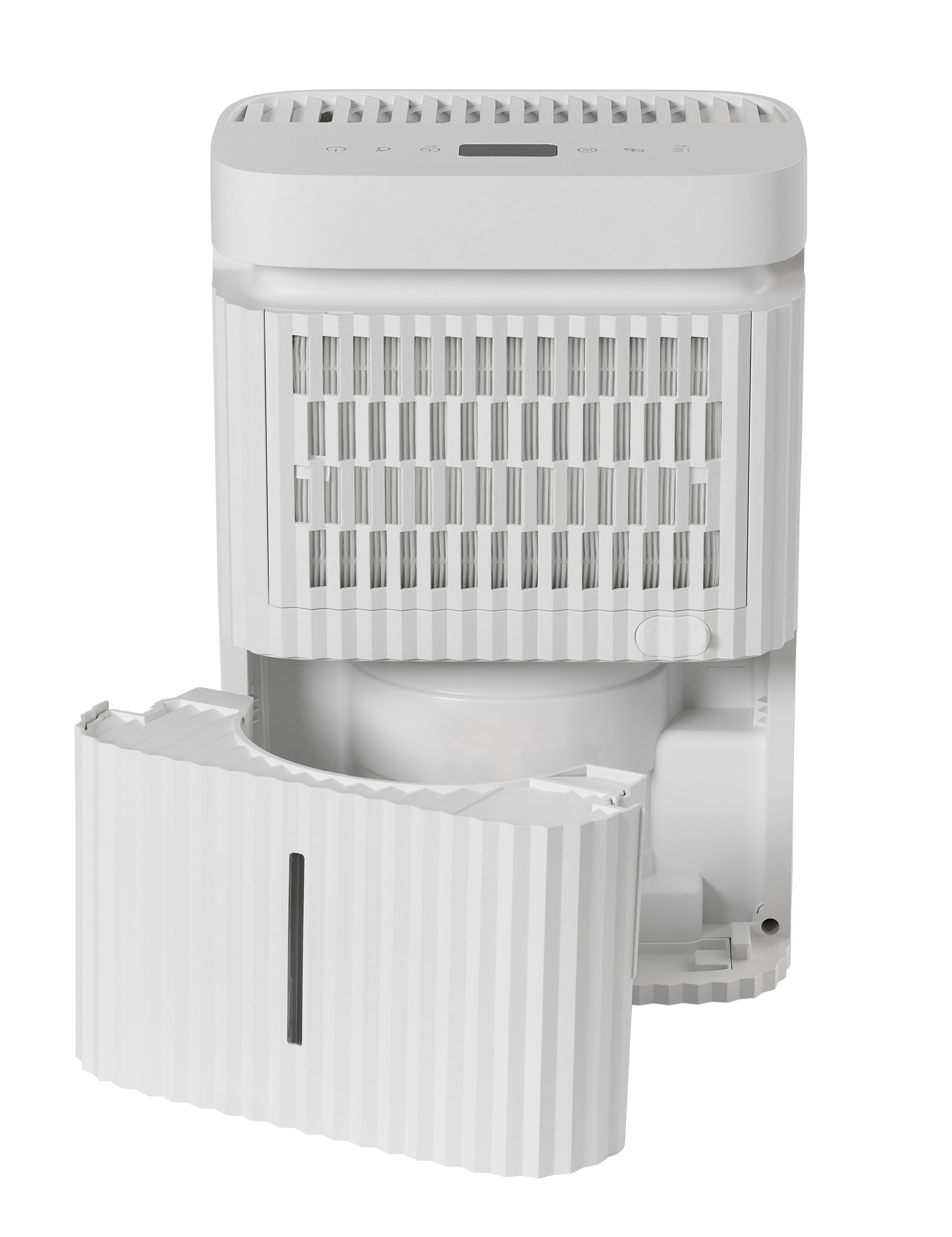 A white dehumidifier with a pull-out tank and ventilation slots.