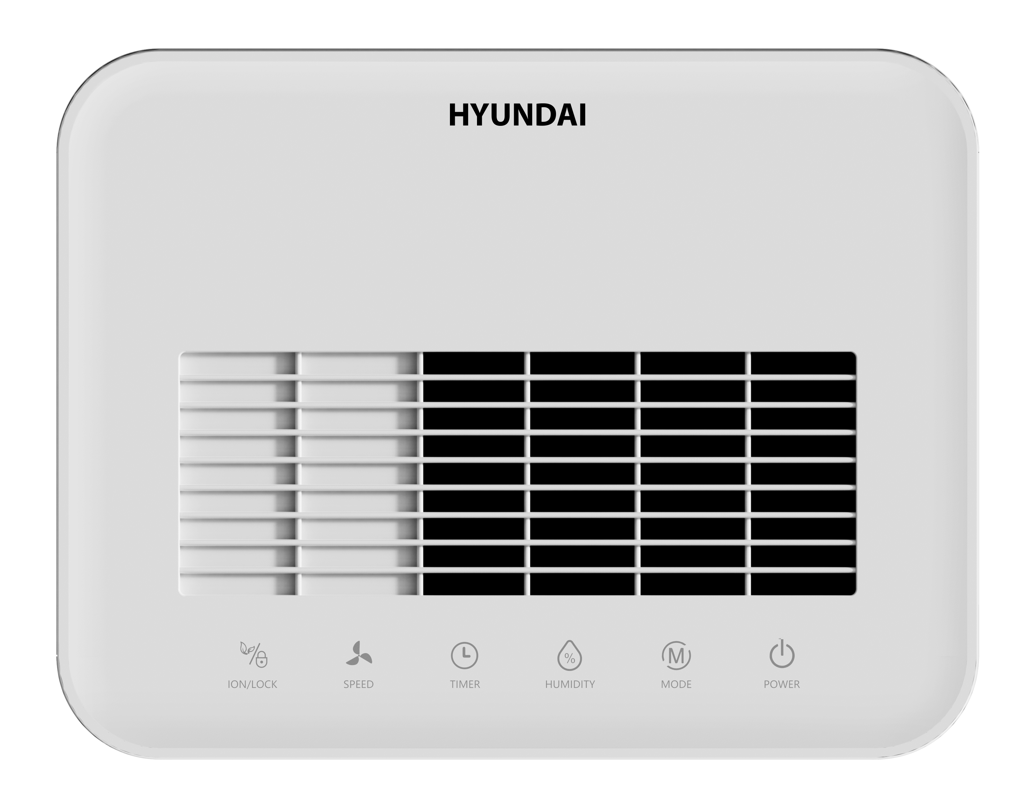 White Hyundai device with vents and icons for fan, clock, percent, and power.