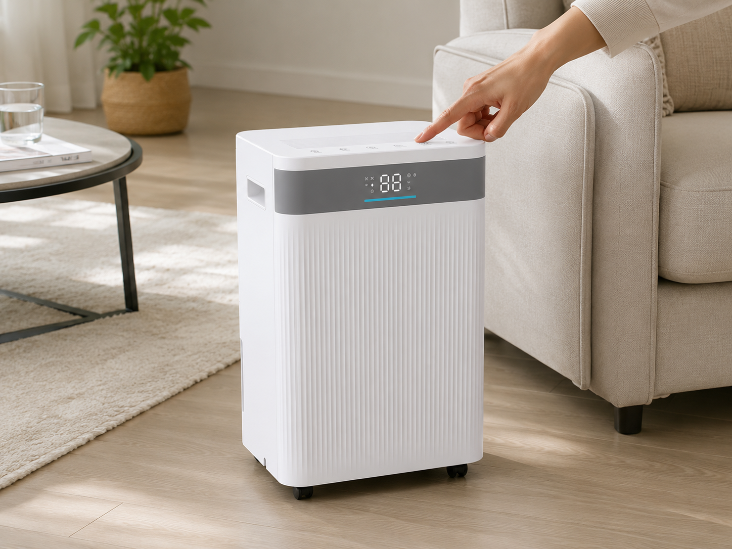 A white air purifier with a digital display sits on a wood floor next to a sofa.