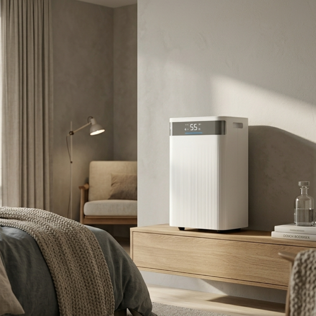 A white air purifier sits on a wooden cabinet in a bedroom.