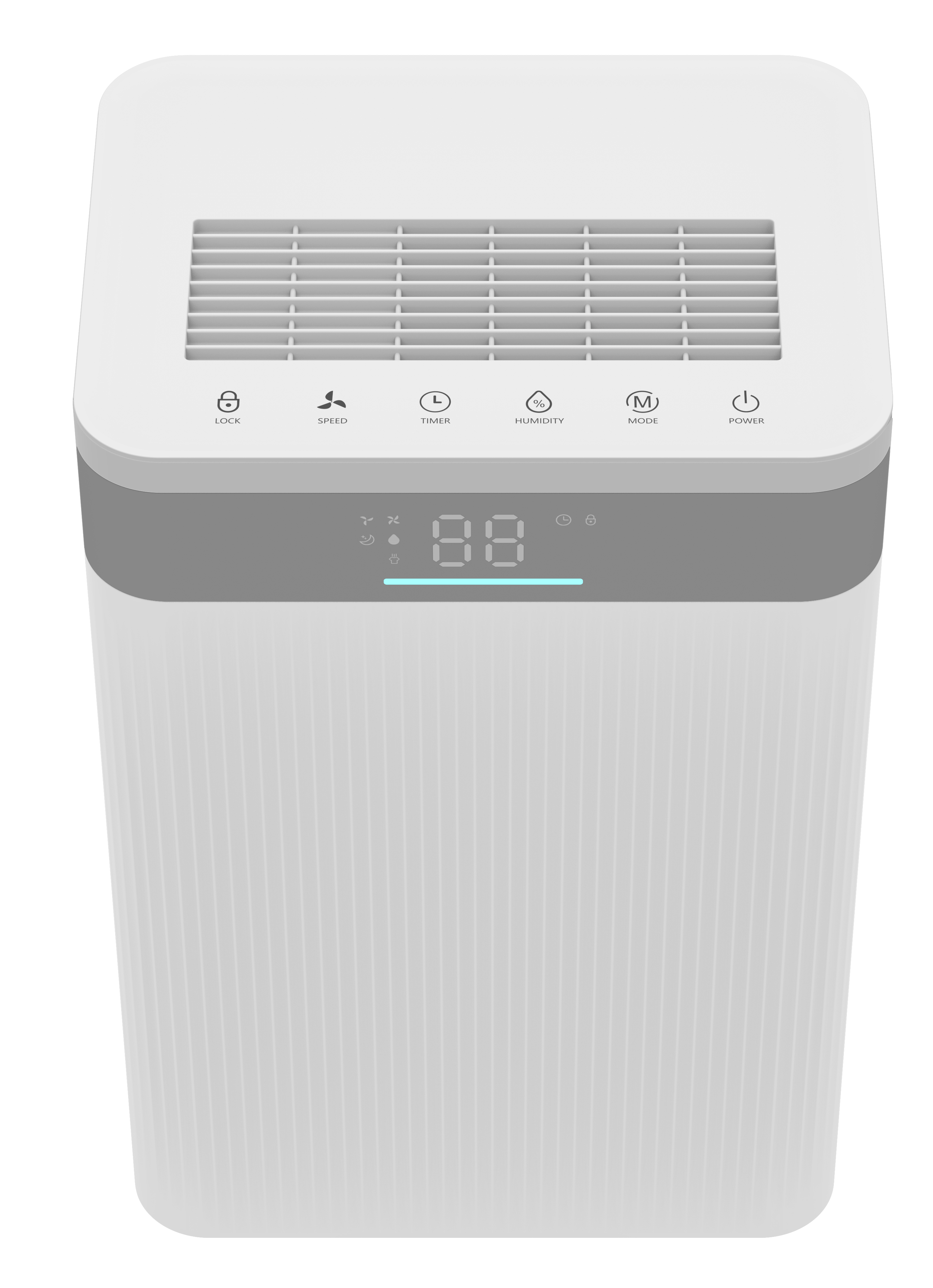 A white dehumidifier with a touchscreen control panel and icons.