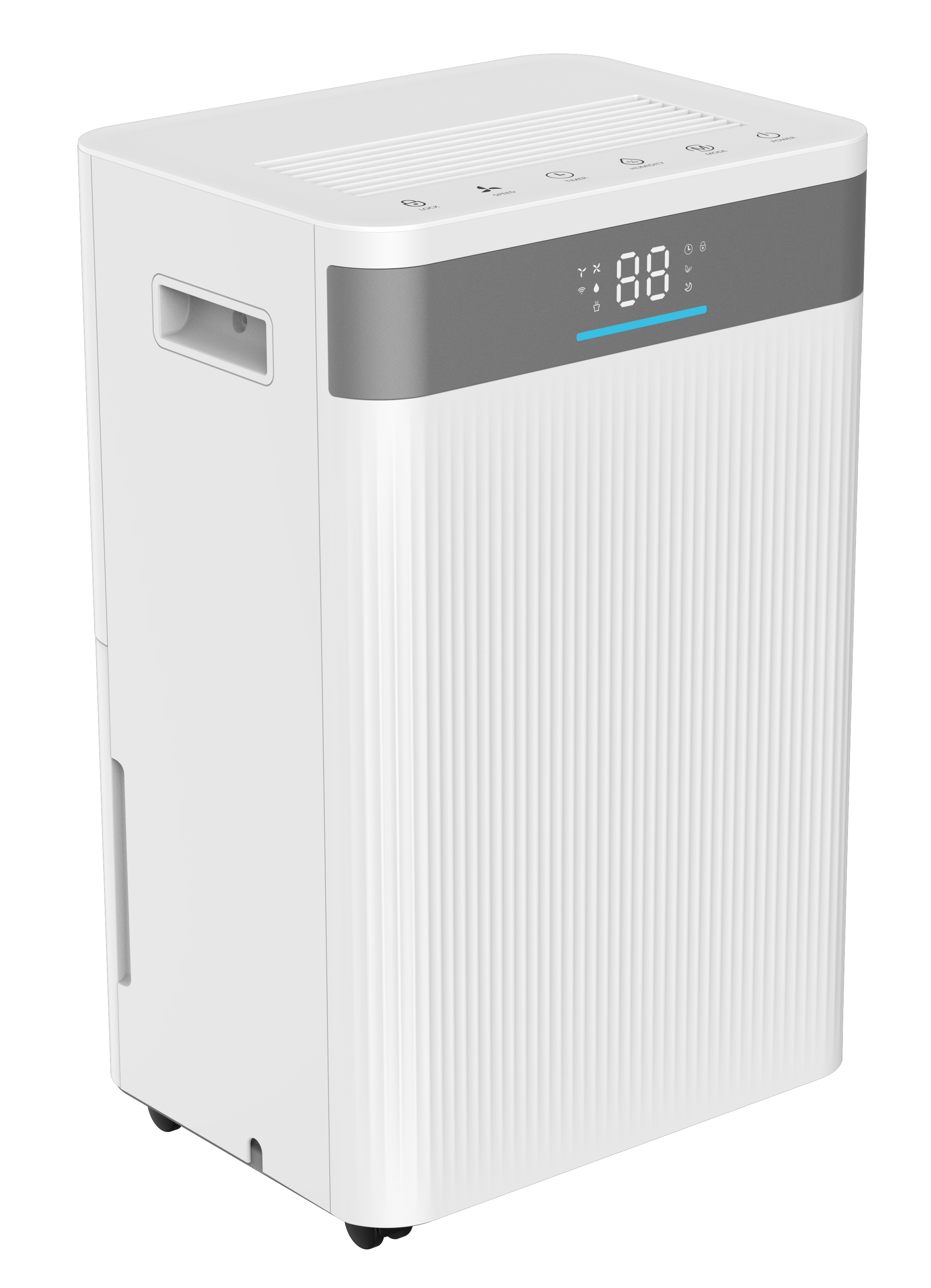A white dehumidifier with a digital display showing 88.
